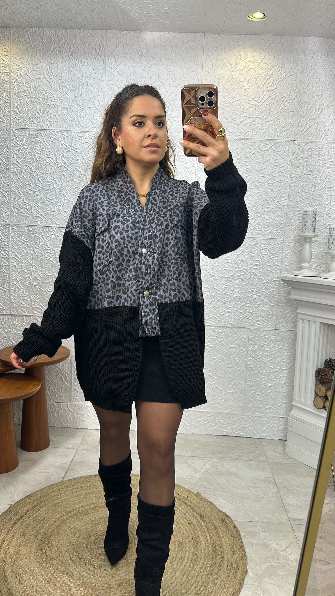 Kolları Triko Leopar Desen Hırka