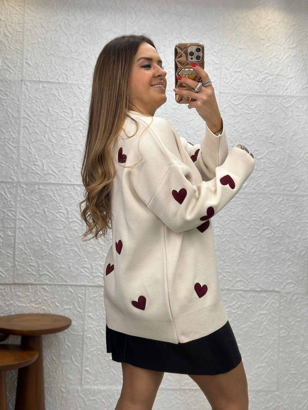 Krem Bordo Kalp Nakışlı Kazak