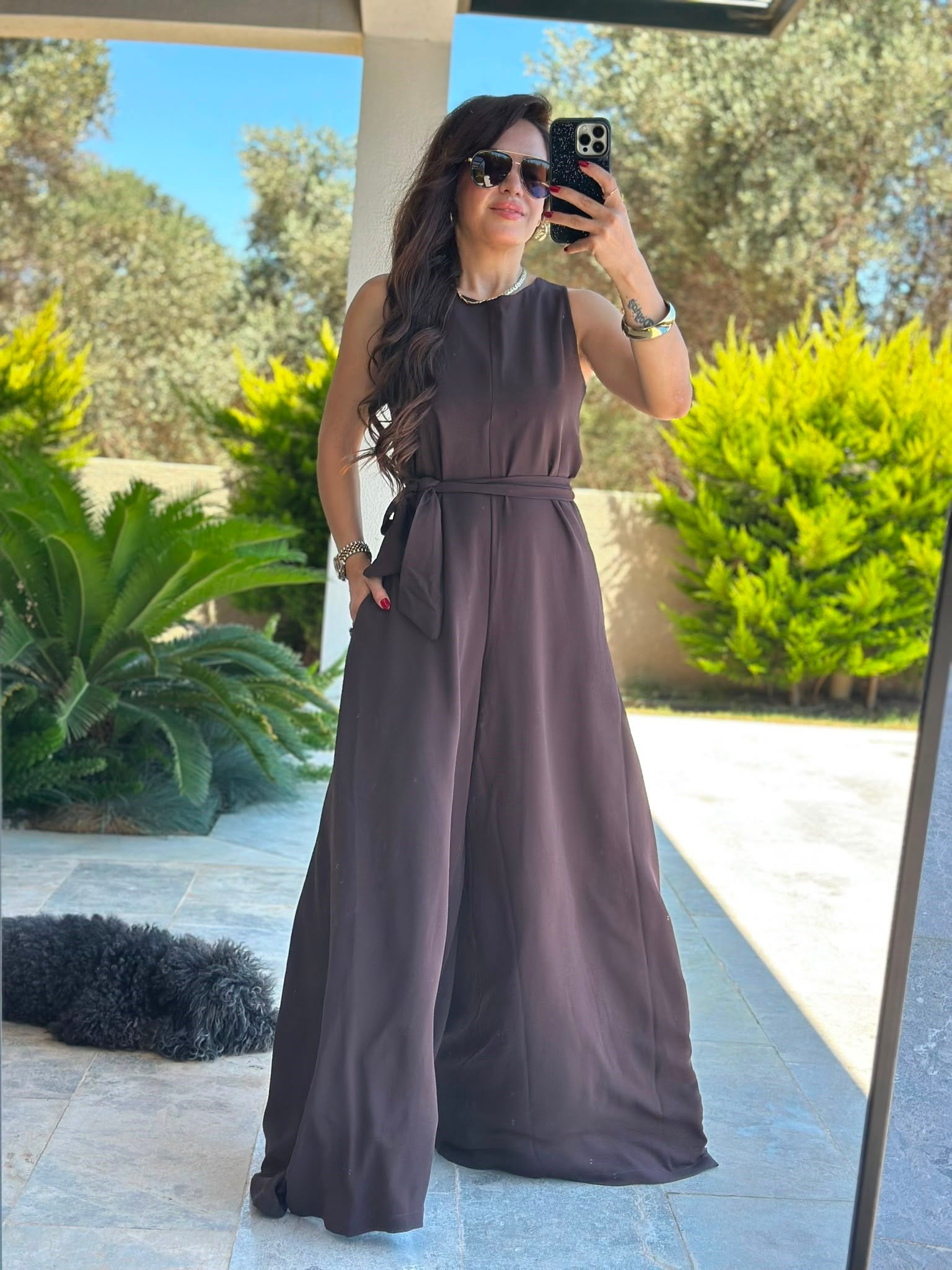 Kuşaklı Kahve Bol Tulum Pantolon