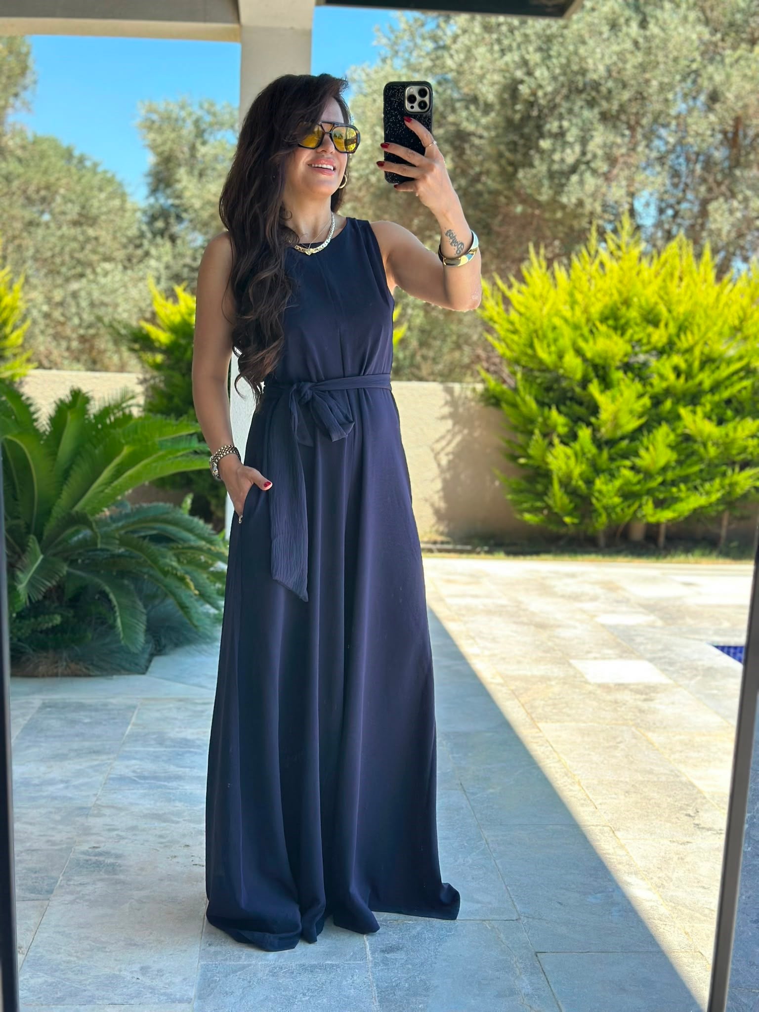 Kuşaklı Lacivert Bol Tulum Pantolon