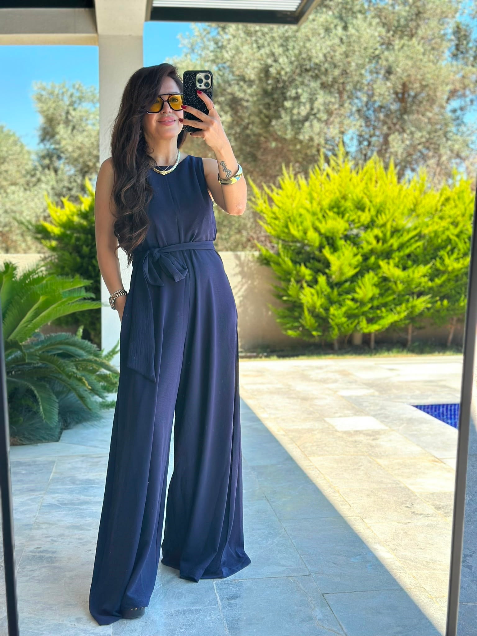 Kuşaklı Lacivert Bol Tulum Pantolon