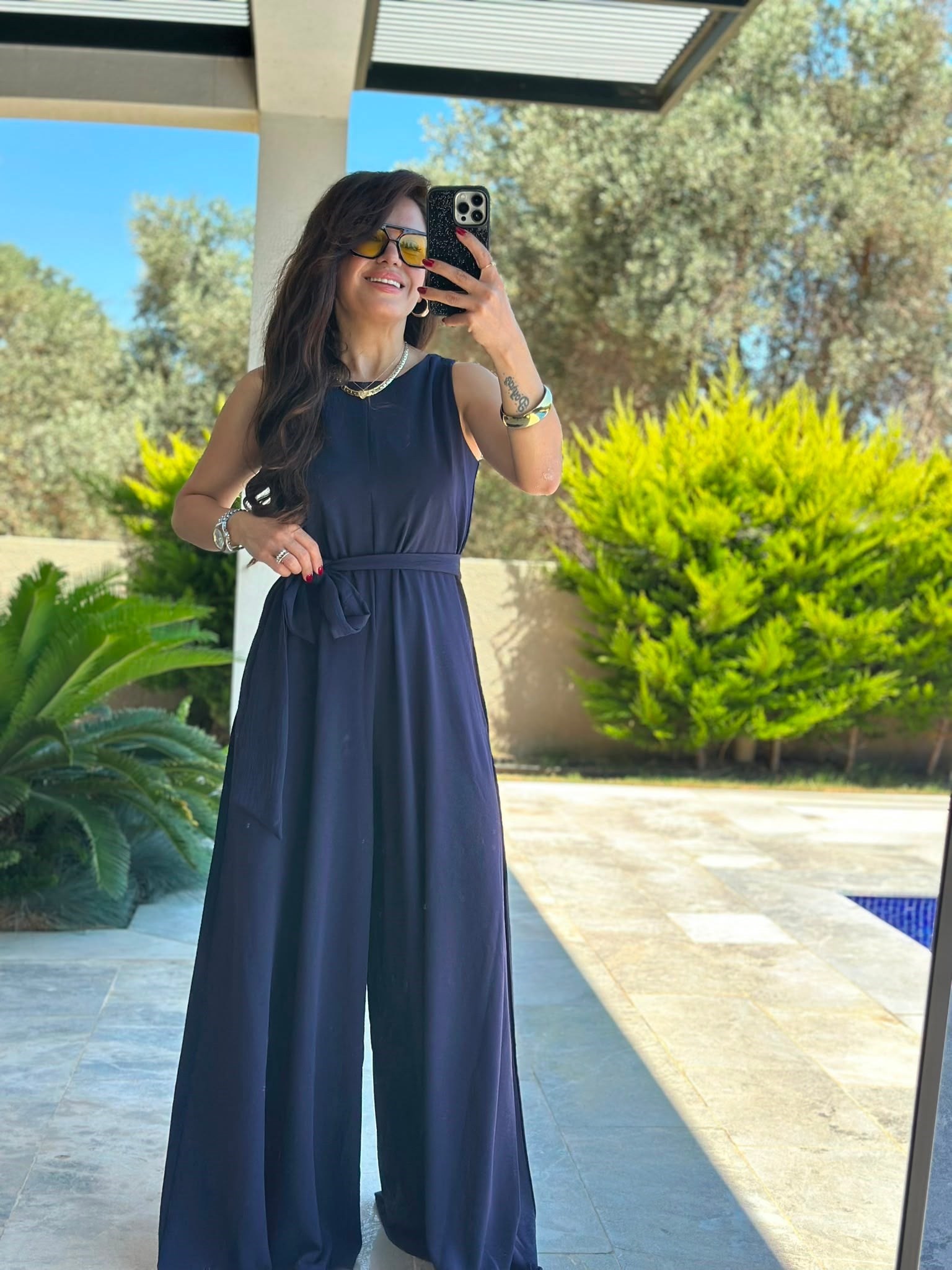 Kuşaklı Lacivert Bol Tulum Pantolon