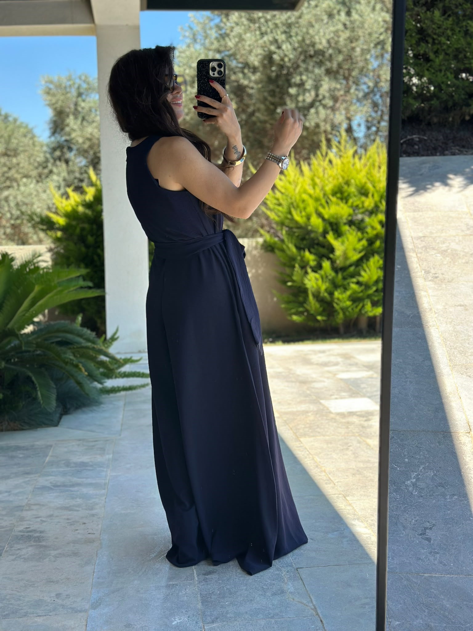 Kuşaklı Lacivert Bol Tulum Pantolon