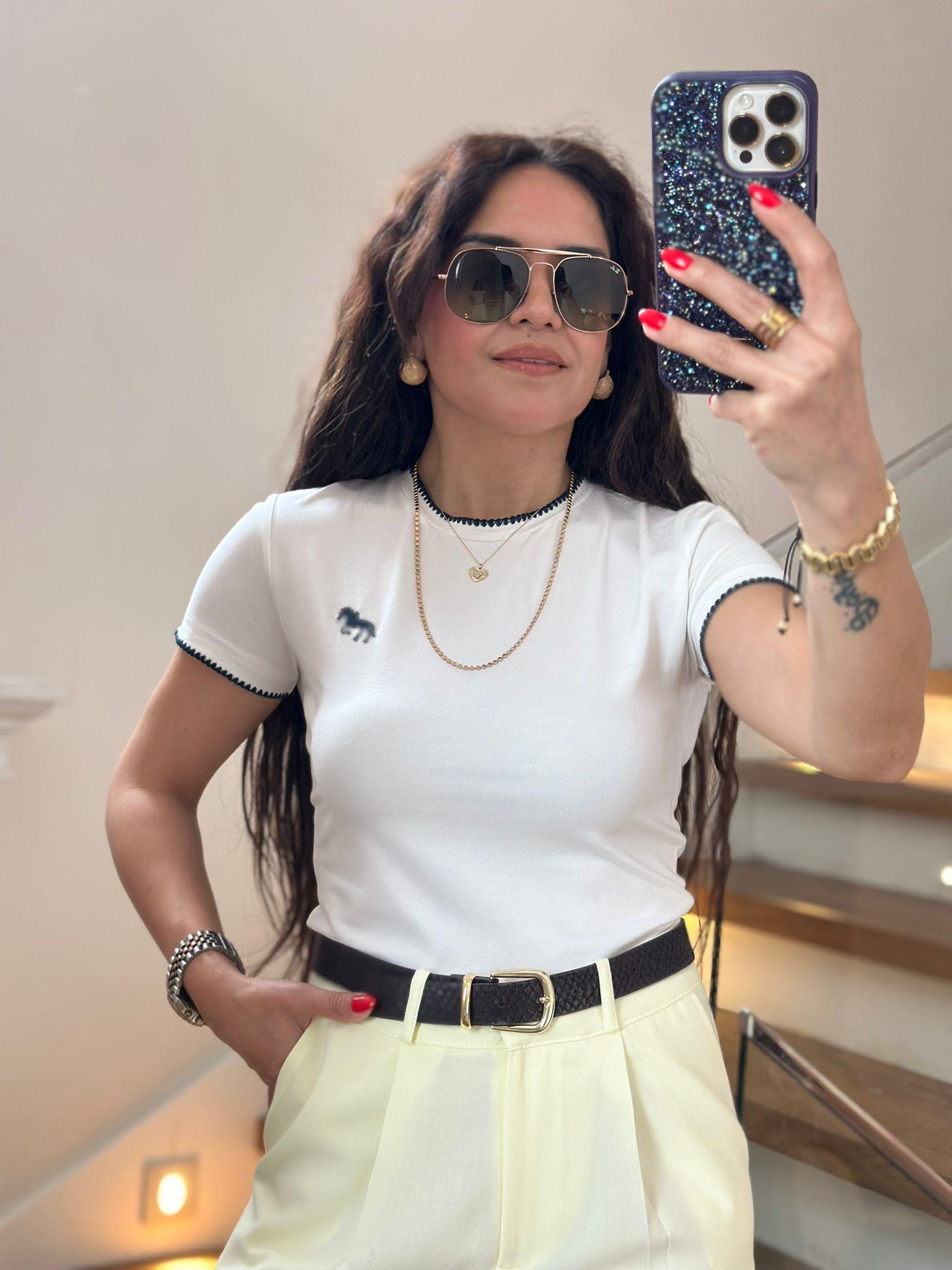 Lacivert Beyaz Crop Bluz
