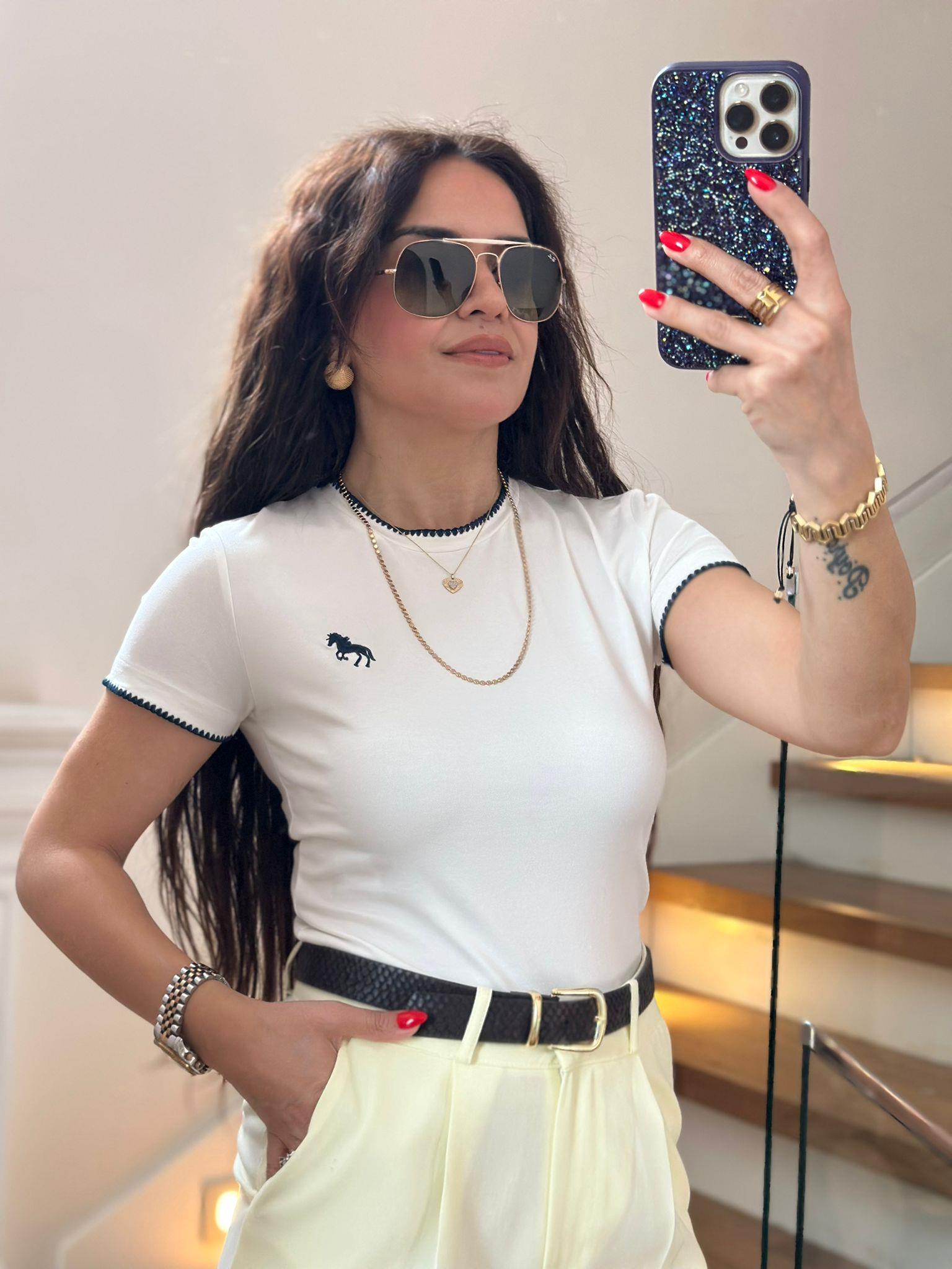 Lacivert Beyaz Crop Bluz