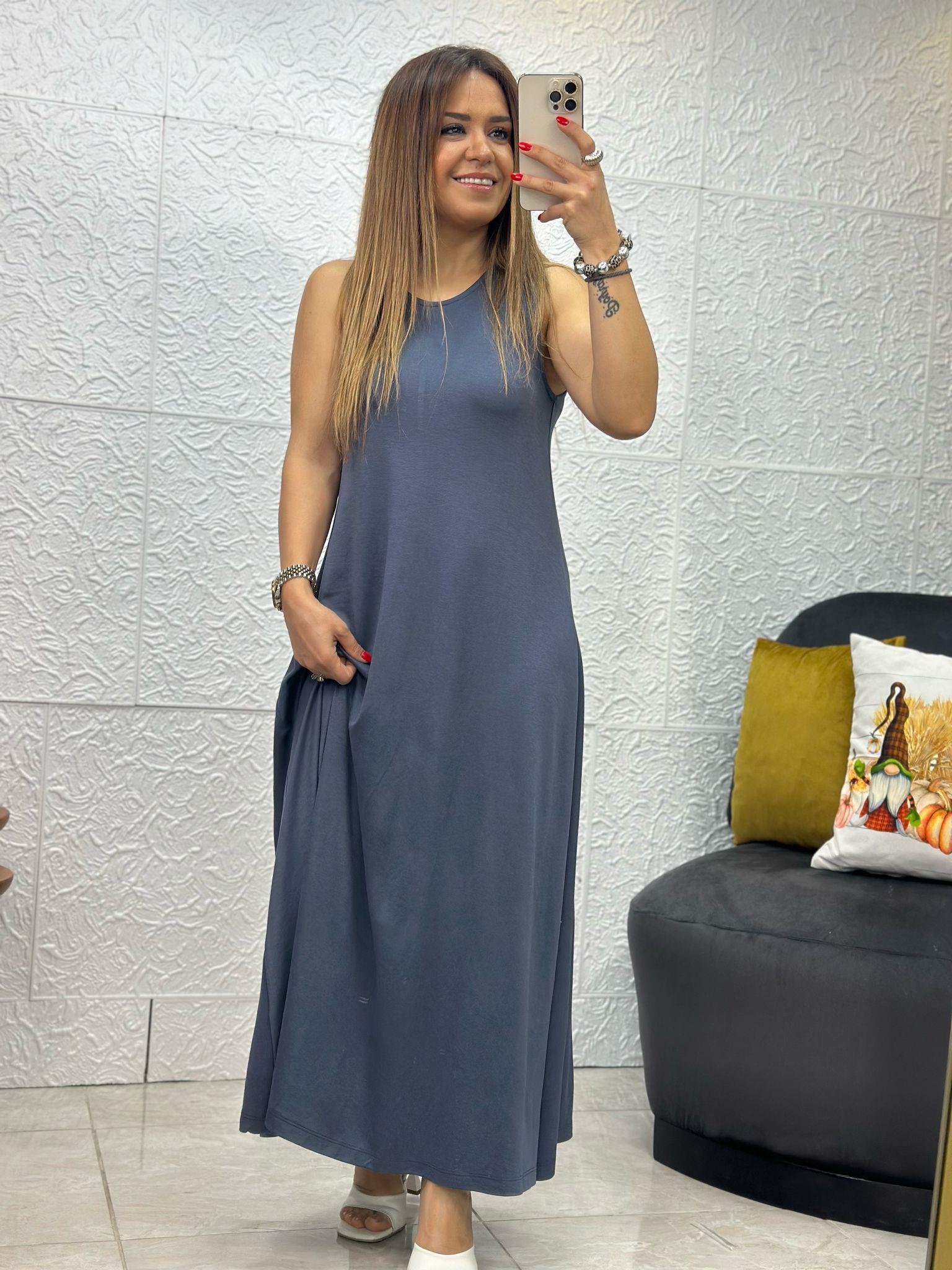 Lastikli Uzun Salaş Gri Elbise