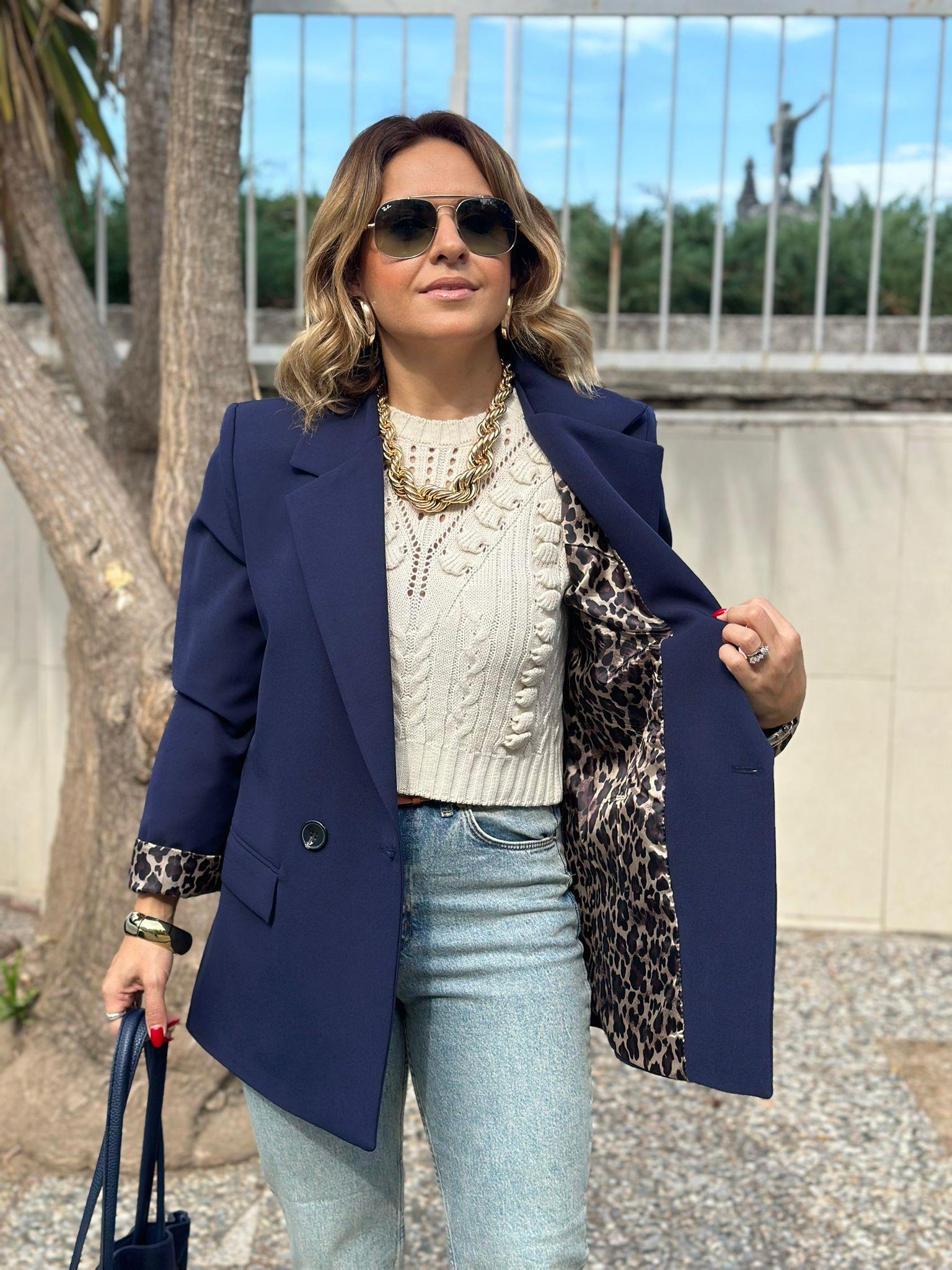 Leopar Astarlı Lacivert Blazer Ceket