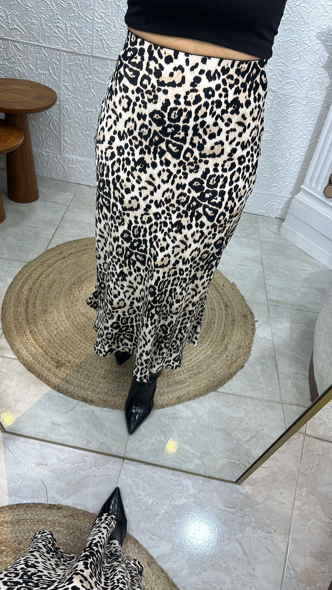 Leopar Bej Siyah Saten Etek