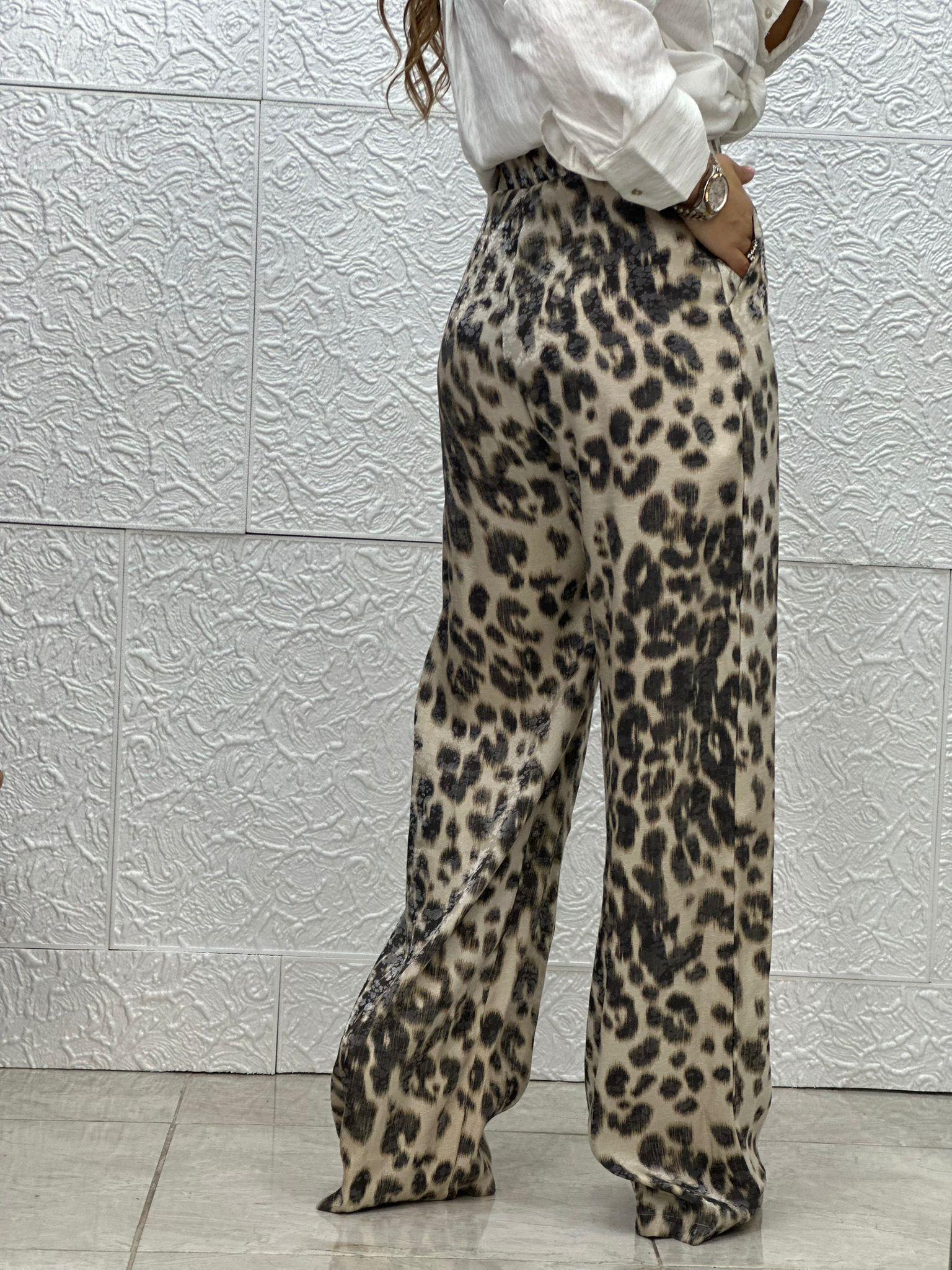 Leopar Bol Paça Saten Pantolon