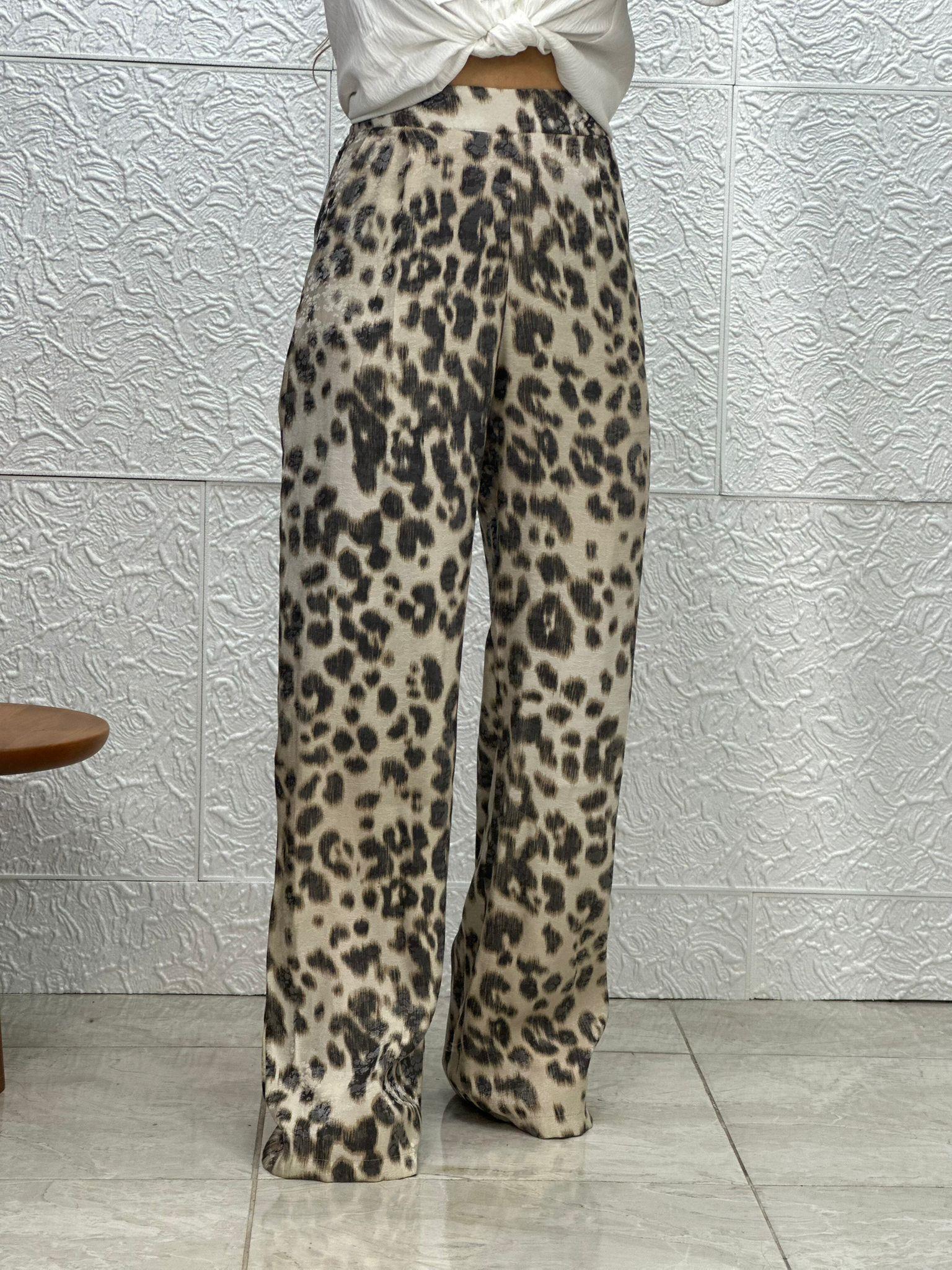 Leopar Bol Paça Saten Pantolon