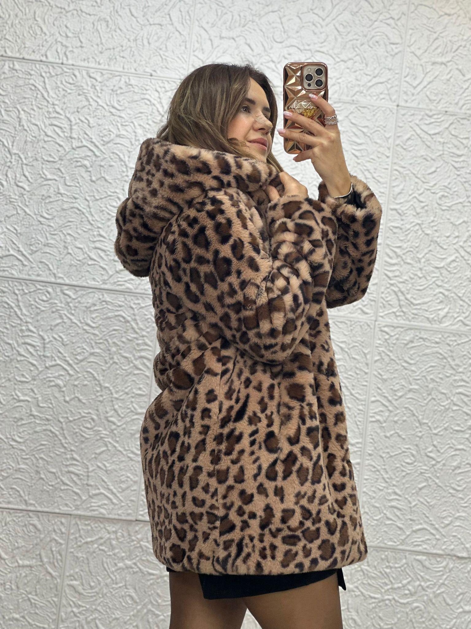 Leopar Desen Kapüşonlu Kahve Yumoş Kürk