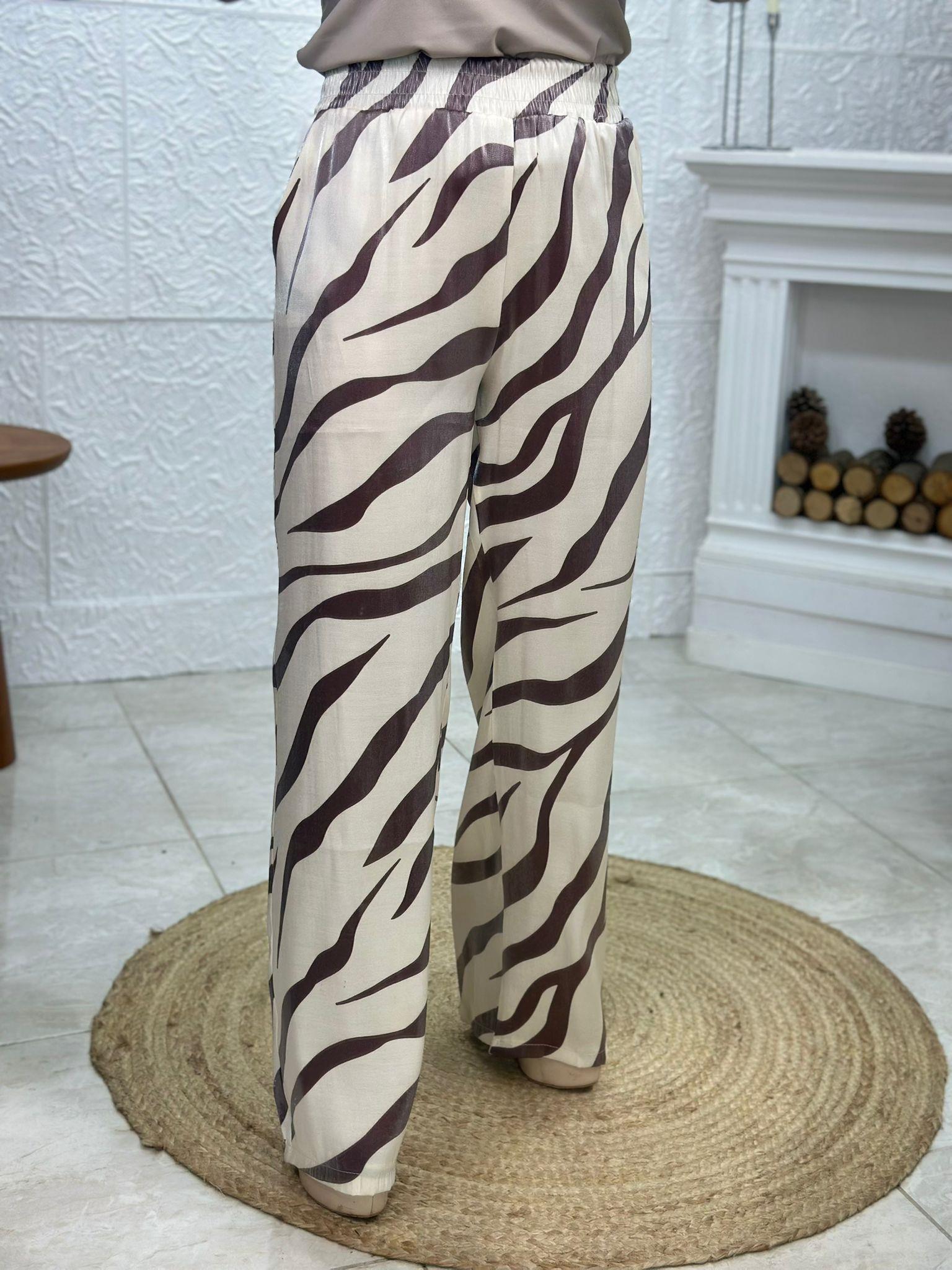 Leopar Desenli Saten Bej Krem Bol Pantolon