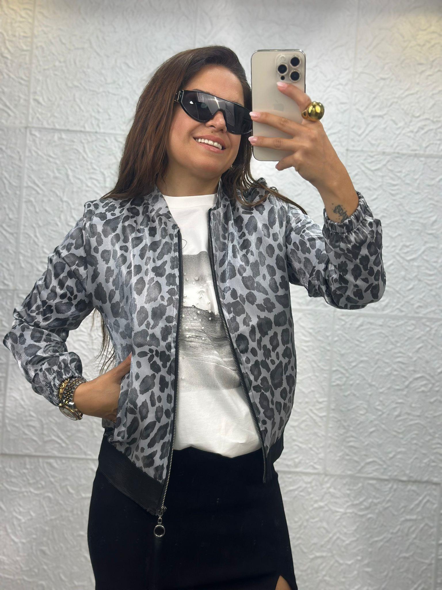 Leopar Gri Saten Ceket