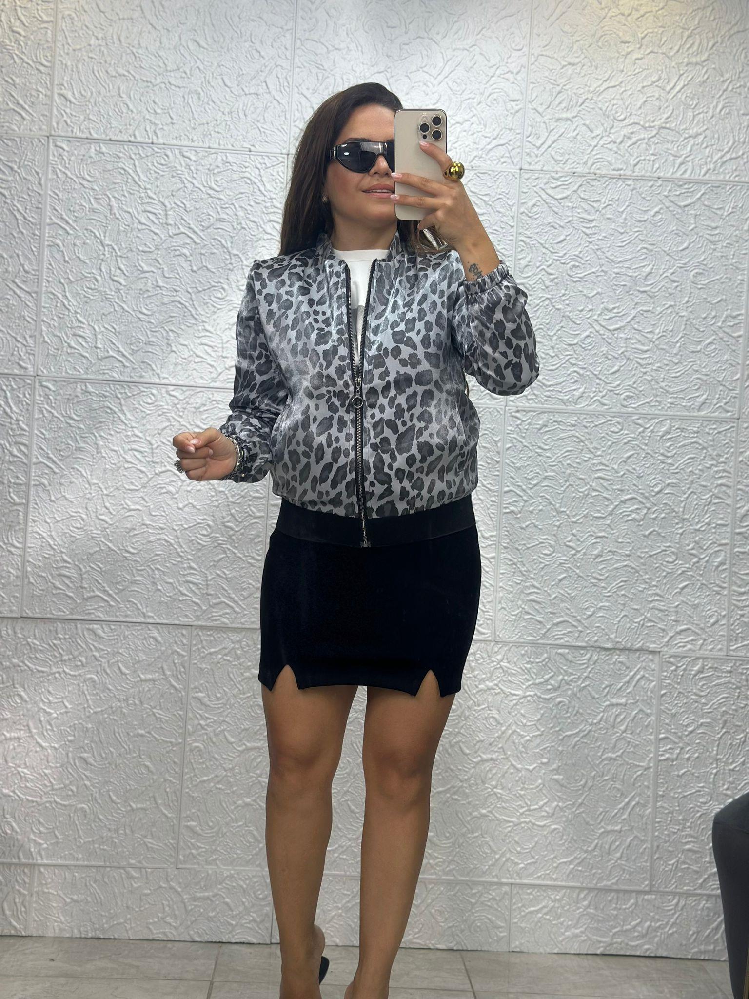 Leopar Gri Saten Ceket
