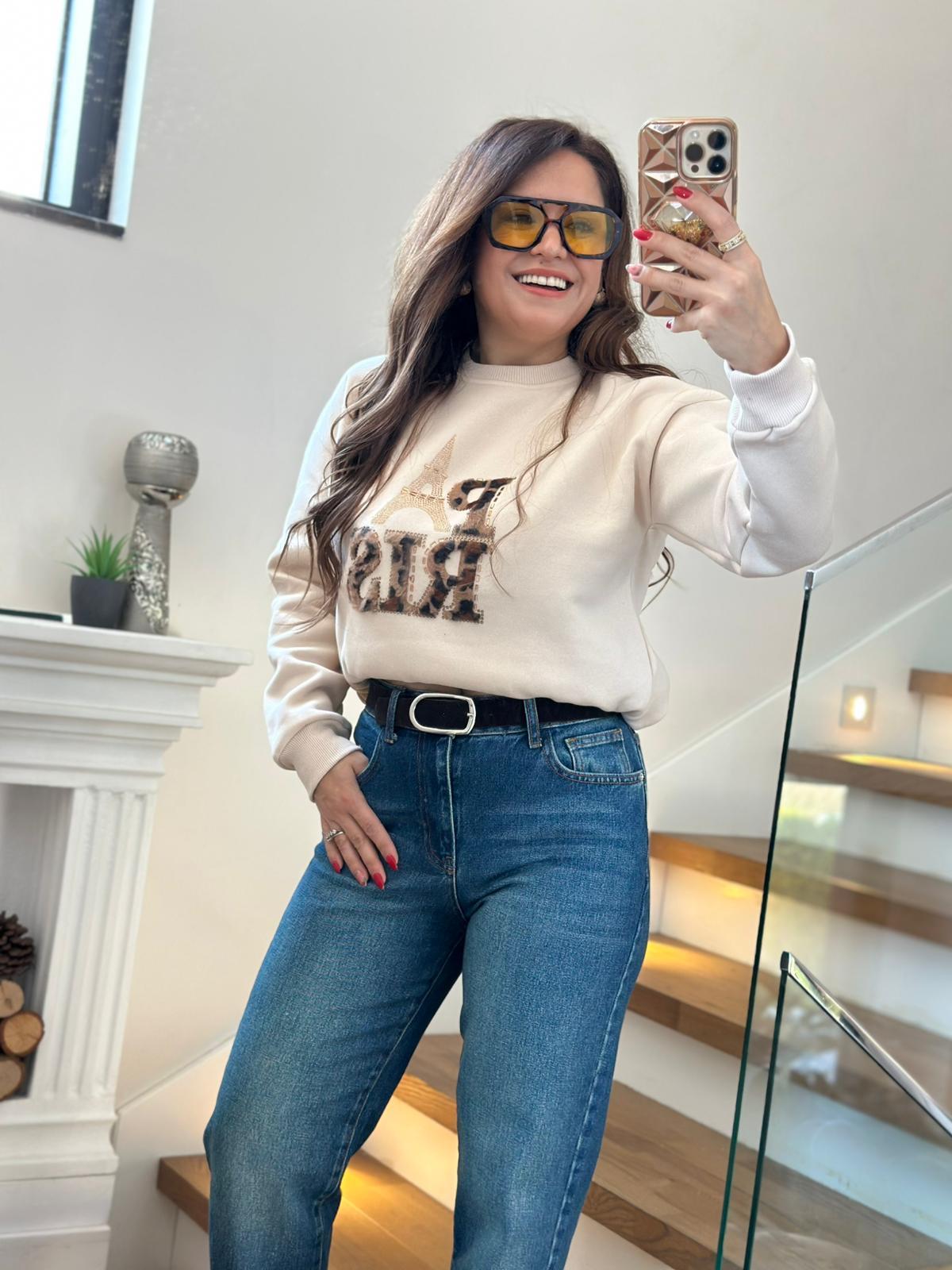 Leopar Paris Krem Sweatshirt