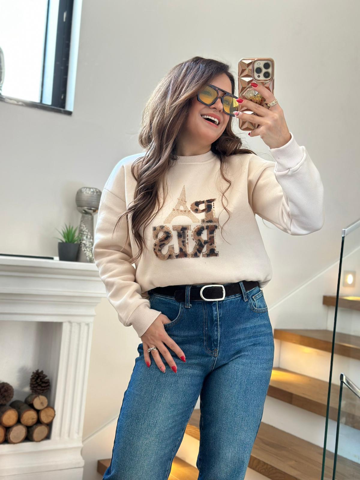 Leopar Paris Krem Sweatshirt