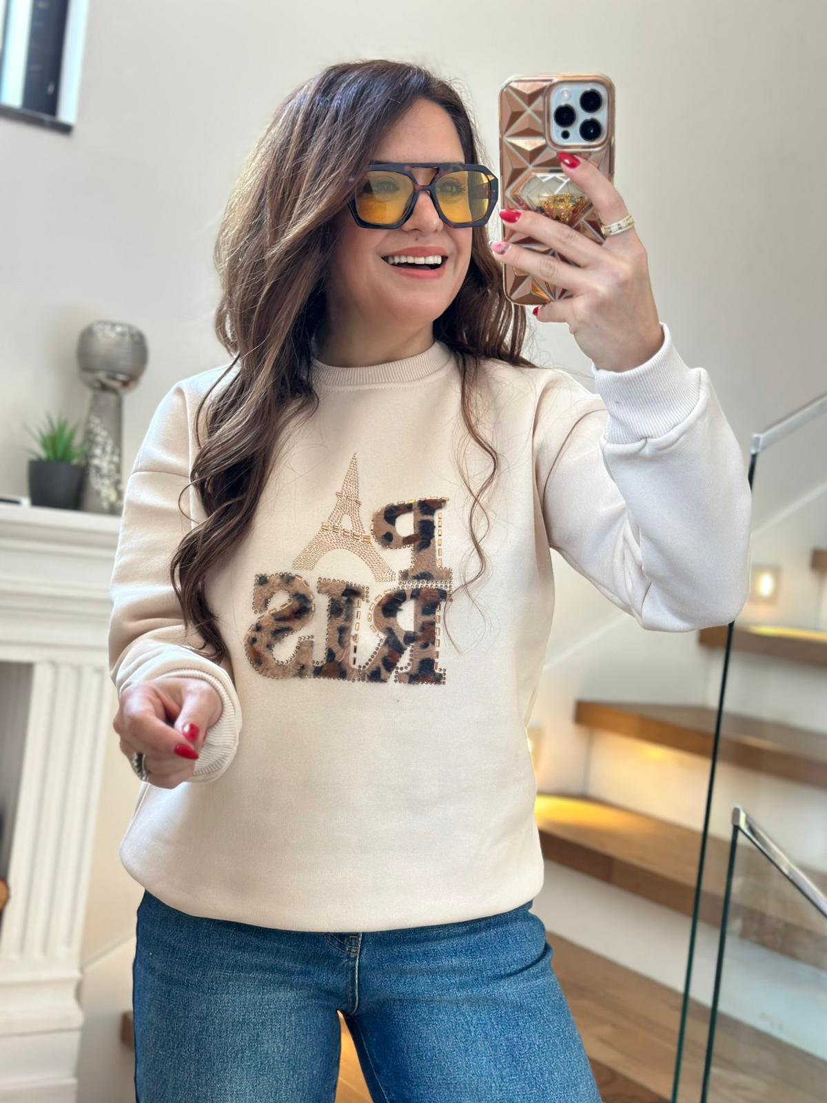 Leopar Paris Krem Sweatshirt