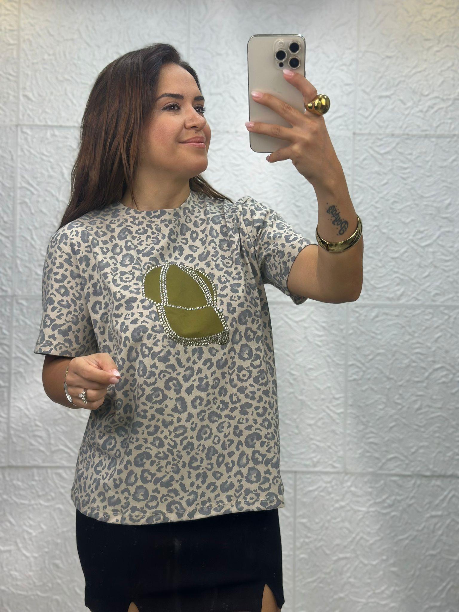 Leopar Şapkalı Gri Vizon Tshirt