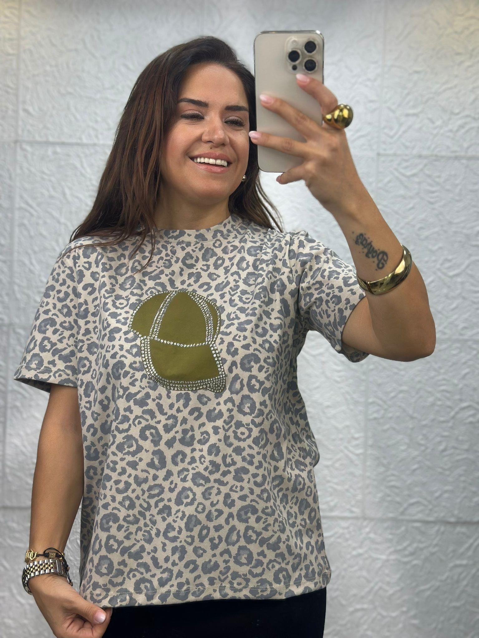 Leopar Şapkalı Gri Vizon Tshirt