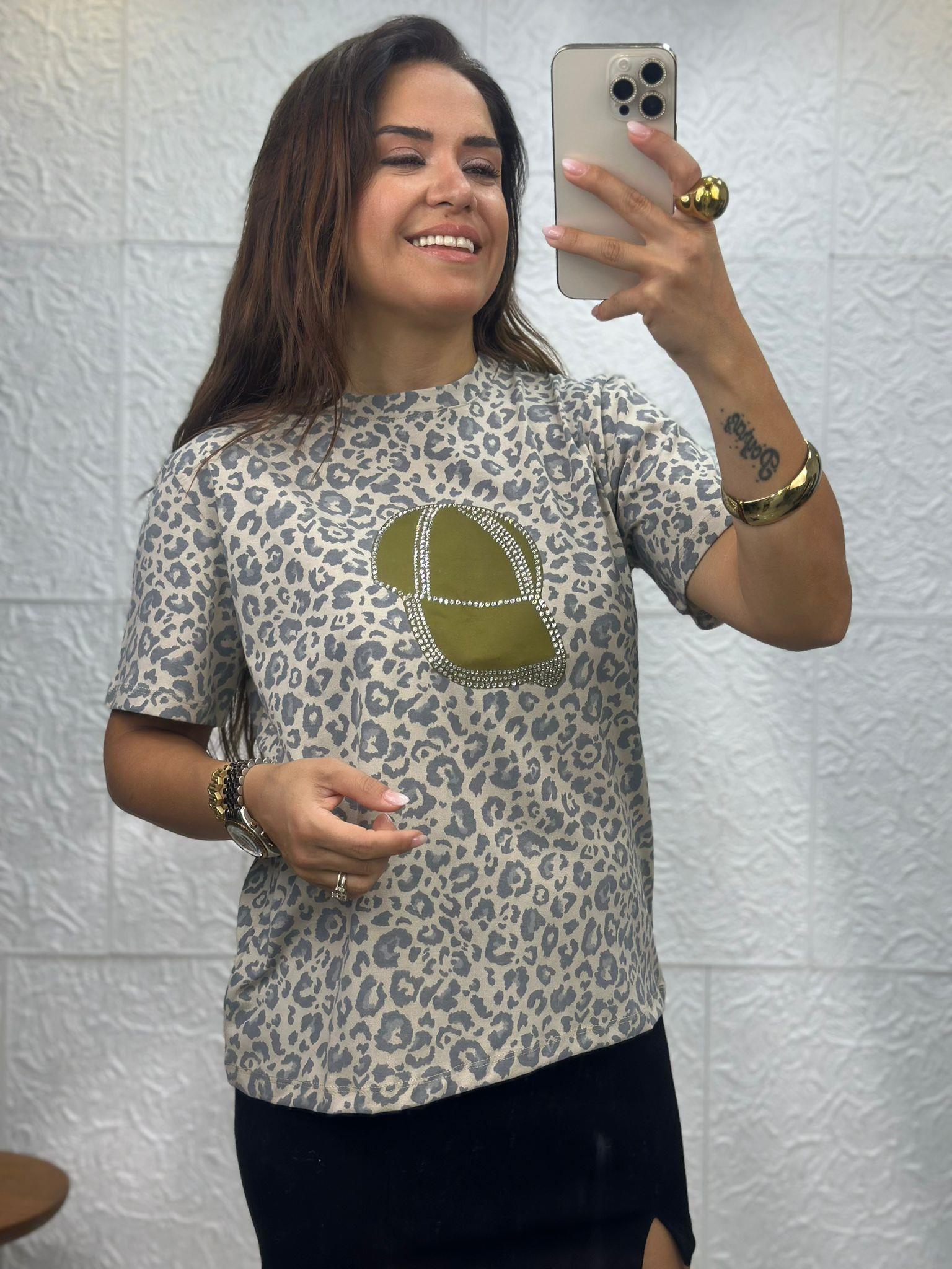 Leopar Şapkalı Gri Vizon Tshirt