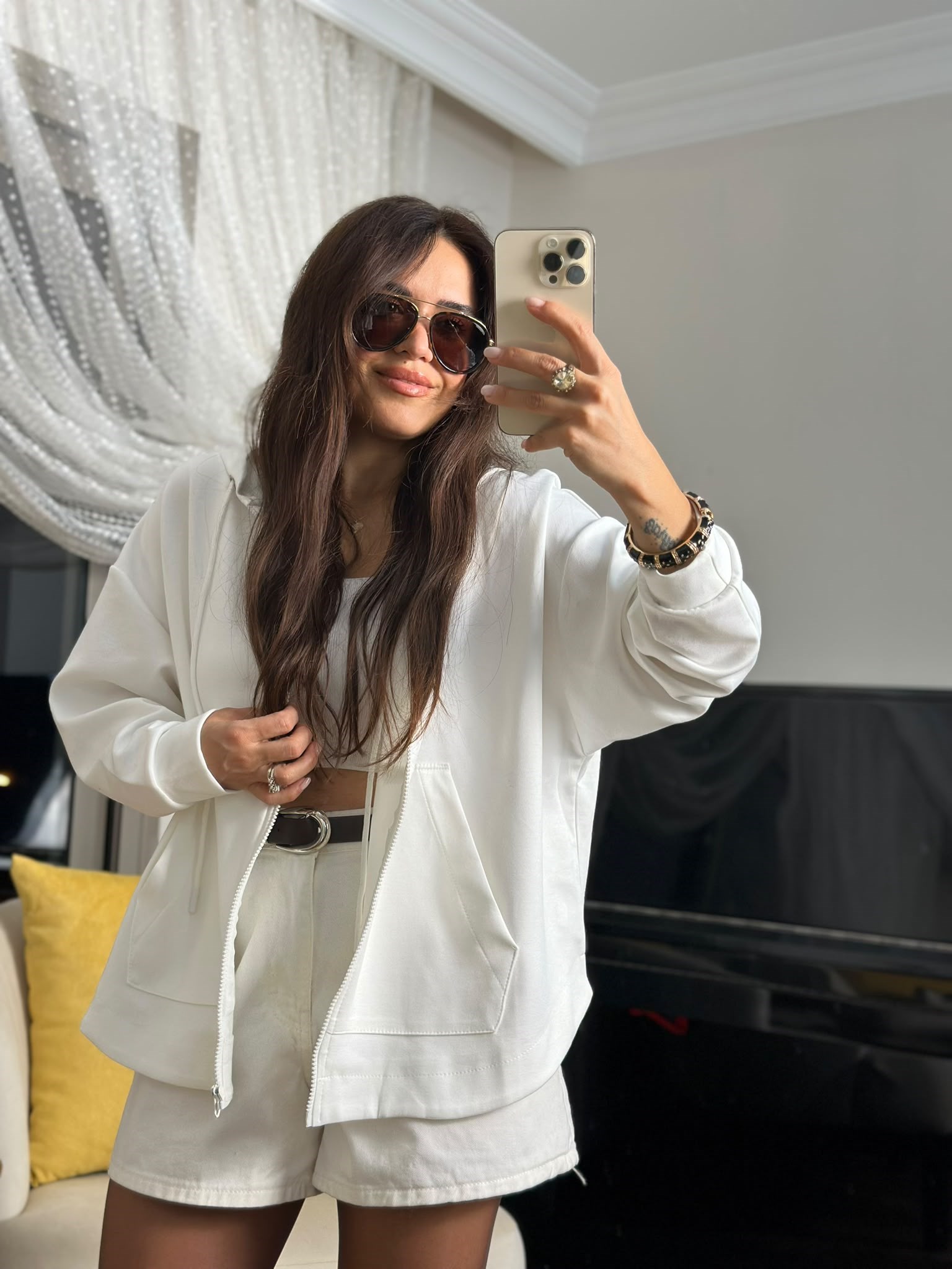 Modal Fermuarlı Oversize Kapüşonlu Ceket Krem