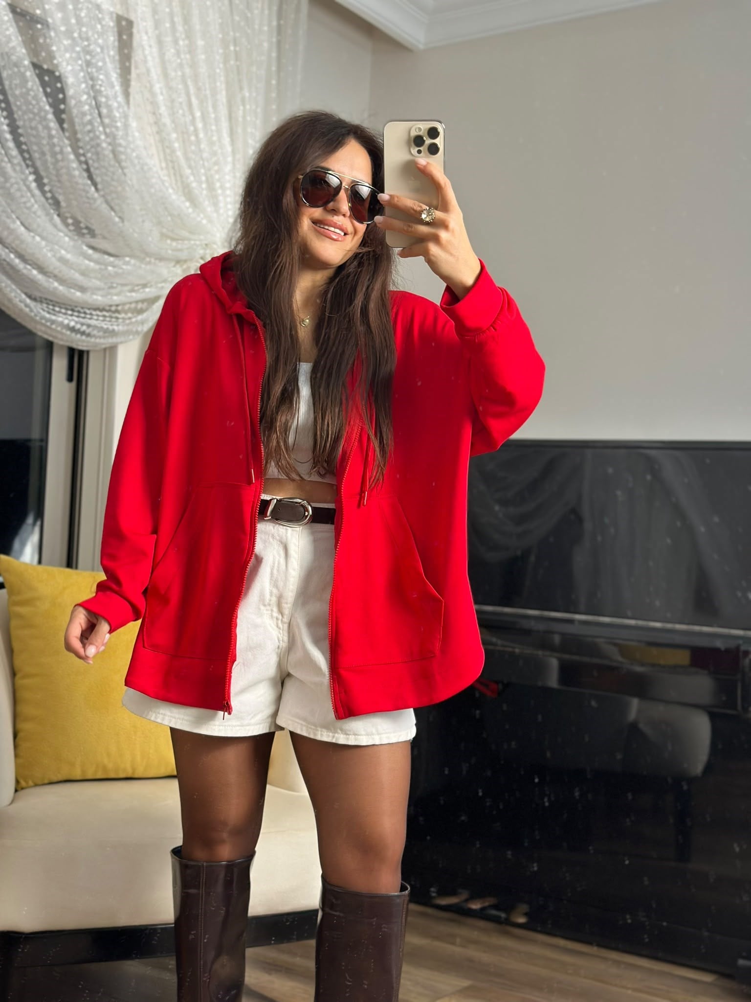 Modal Fermuarlı Oversize Kapüşonlu Ceket Kırmızı