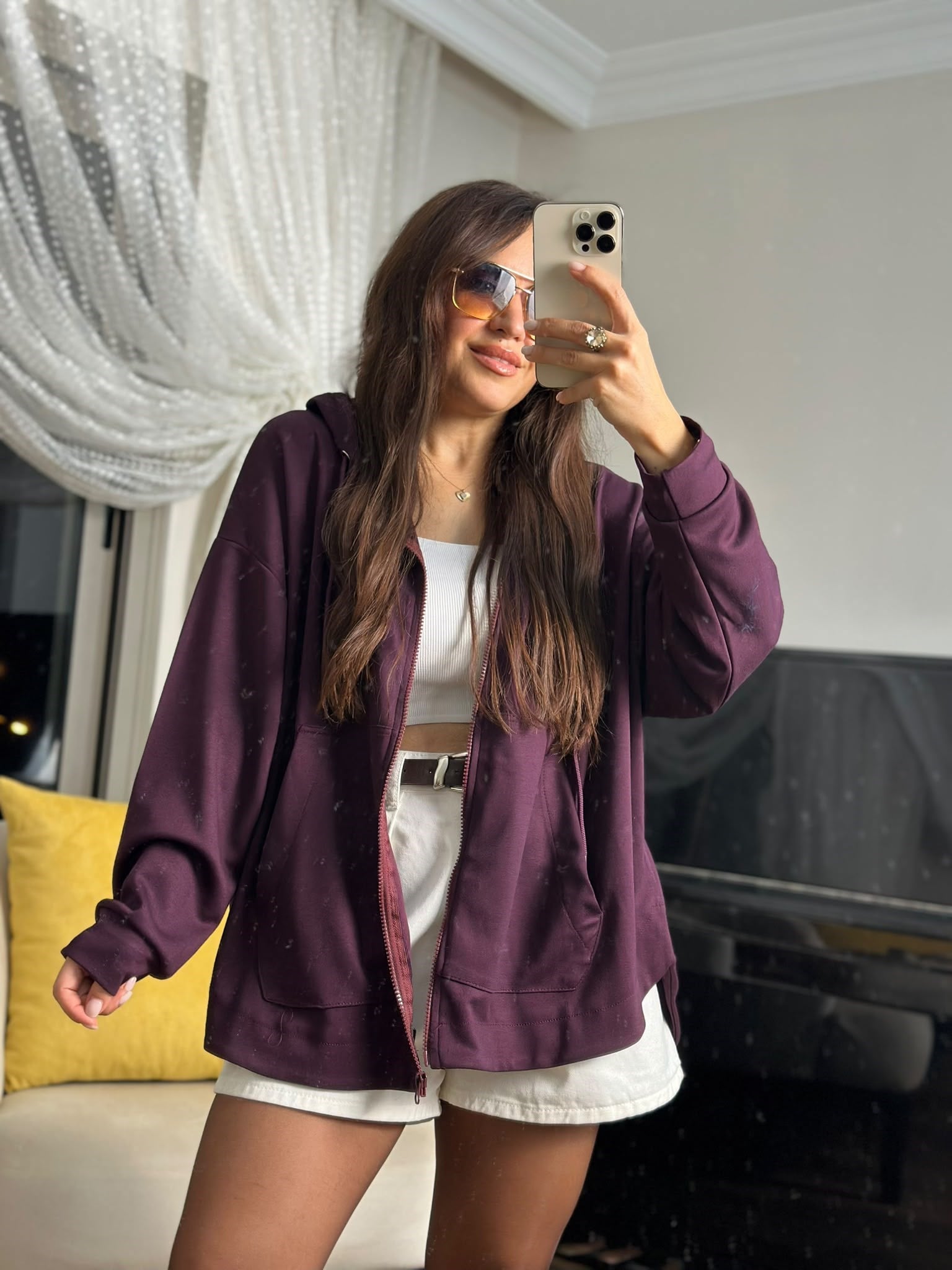 Modal Fermuarlı Oversize Kapüşonlu Ceket Mürdüm