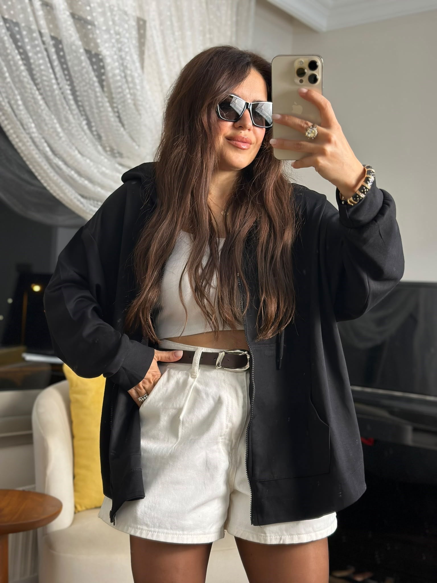 Modal Fermuarlı Oversize Kapüşonlu Ceket Siyah