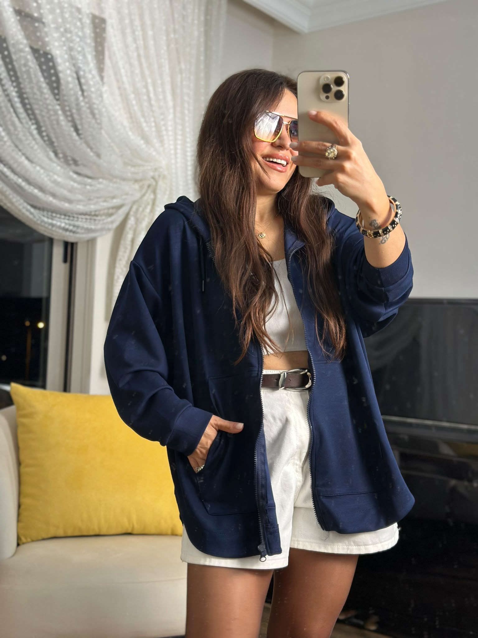 Modal Fermuarlı Oversize Kapüşonlu Ceket Lacivert