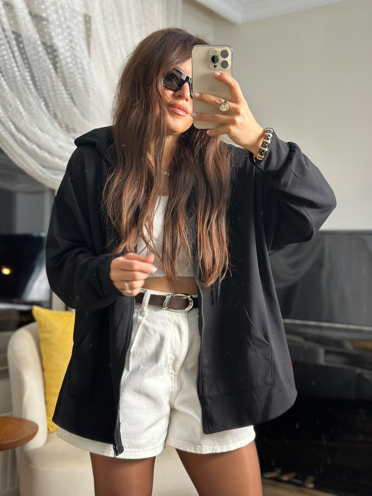 Modal Fermuarlı Oversize Kapüşonlu Ceket Siyah