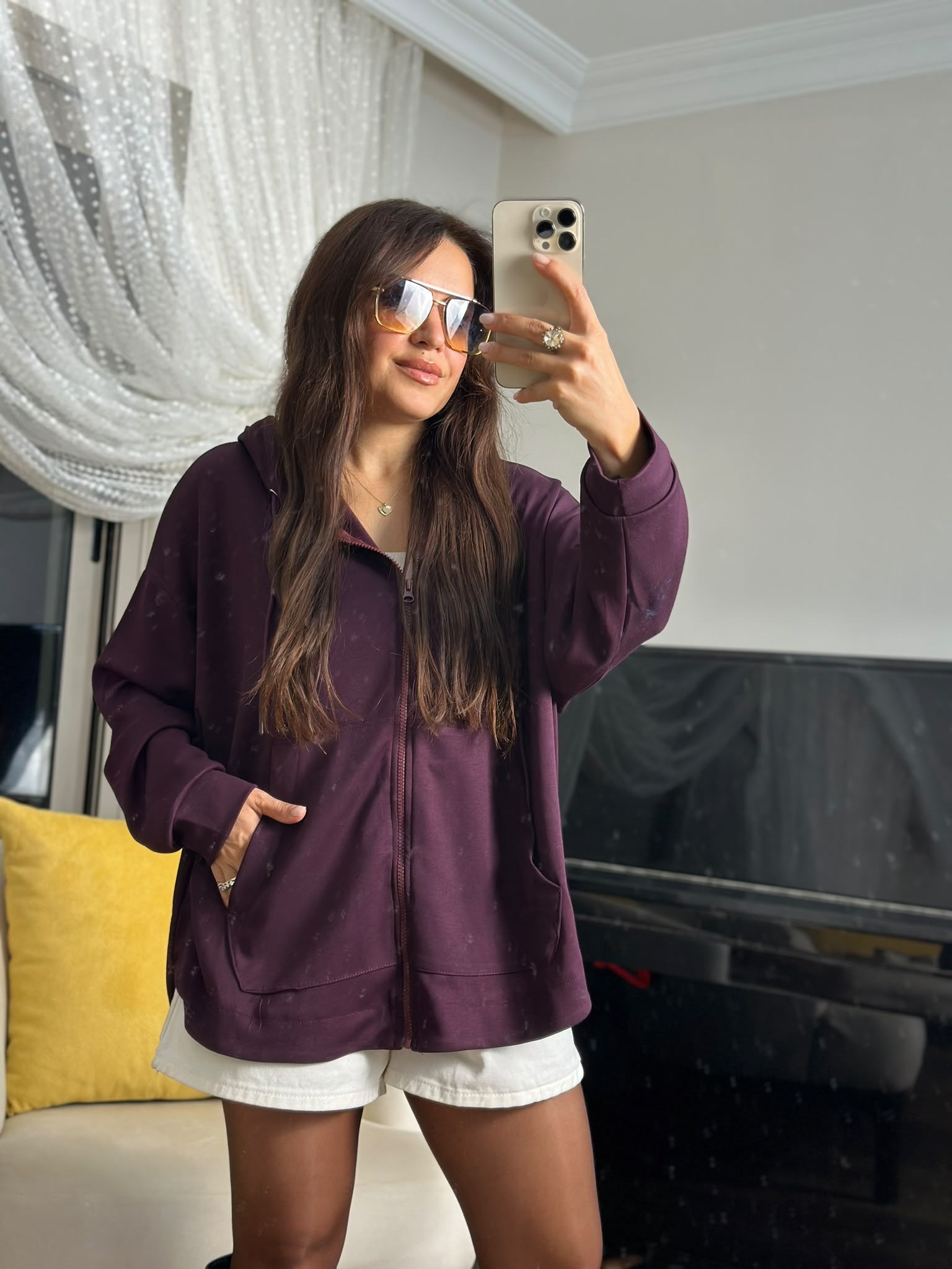 Modal Fermuarlı Oversize Kapüşonlu Ceket Mürdüm