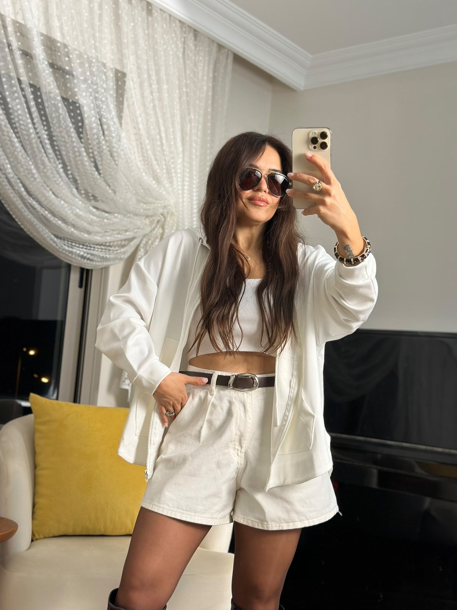 Modal Fermuarlı Oversize Kapüşonlu Ceket Krem