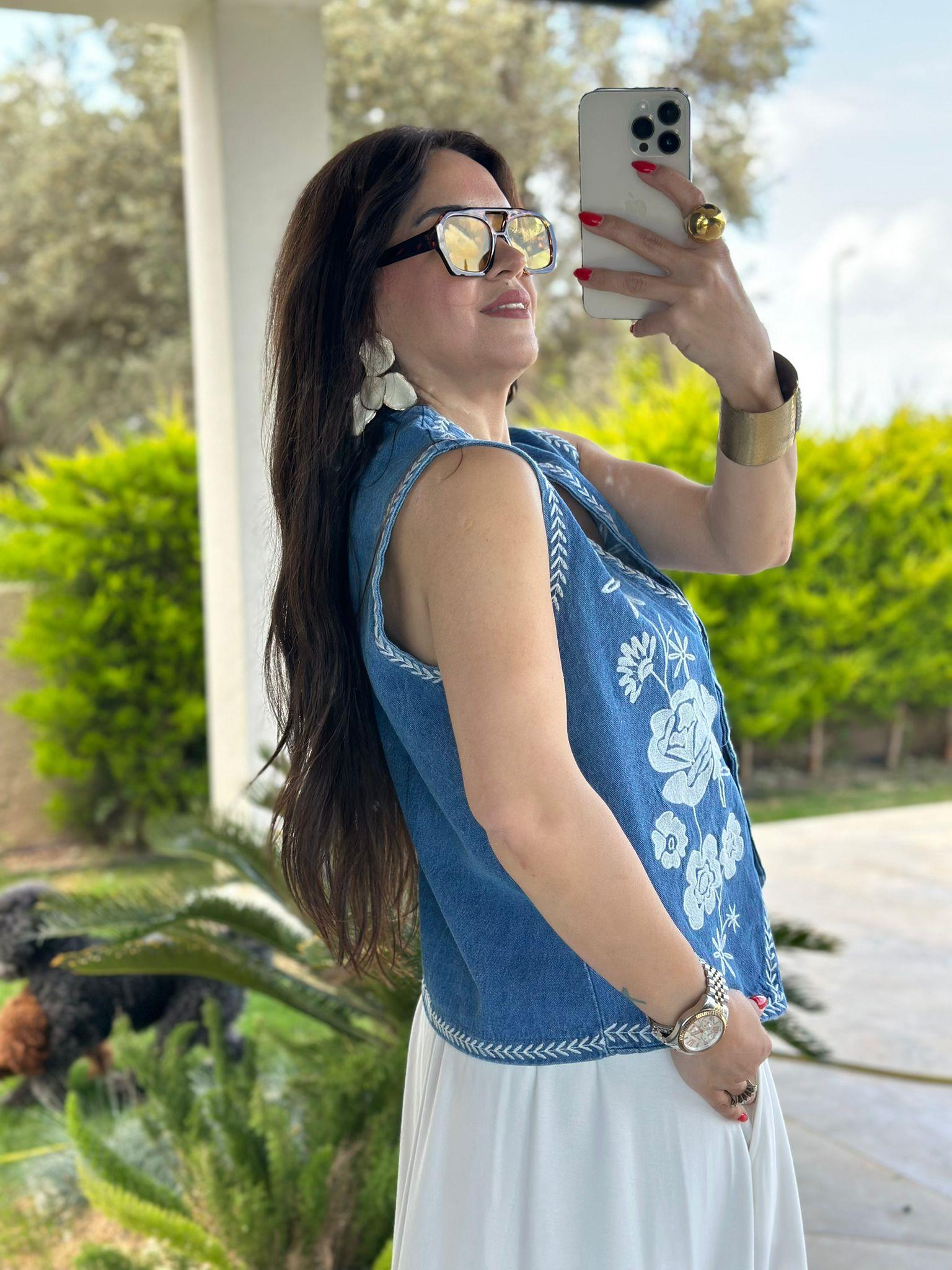 Nakışlı Mavi Jean Yelek