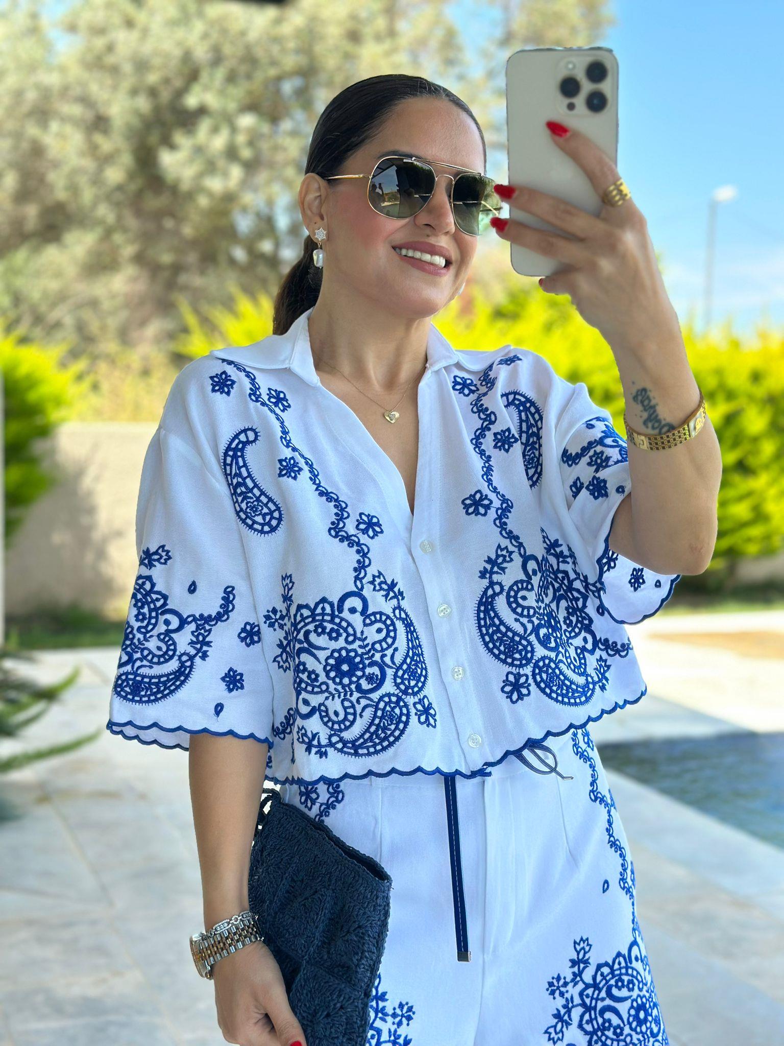 Nakışlı Şortlu Bej Takım