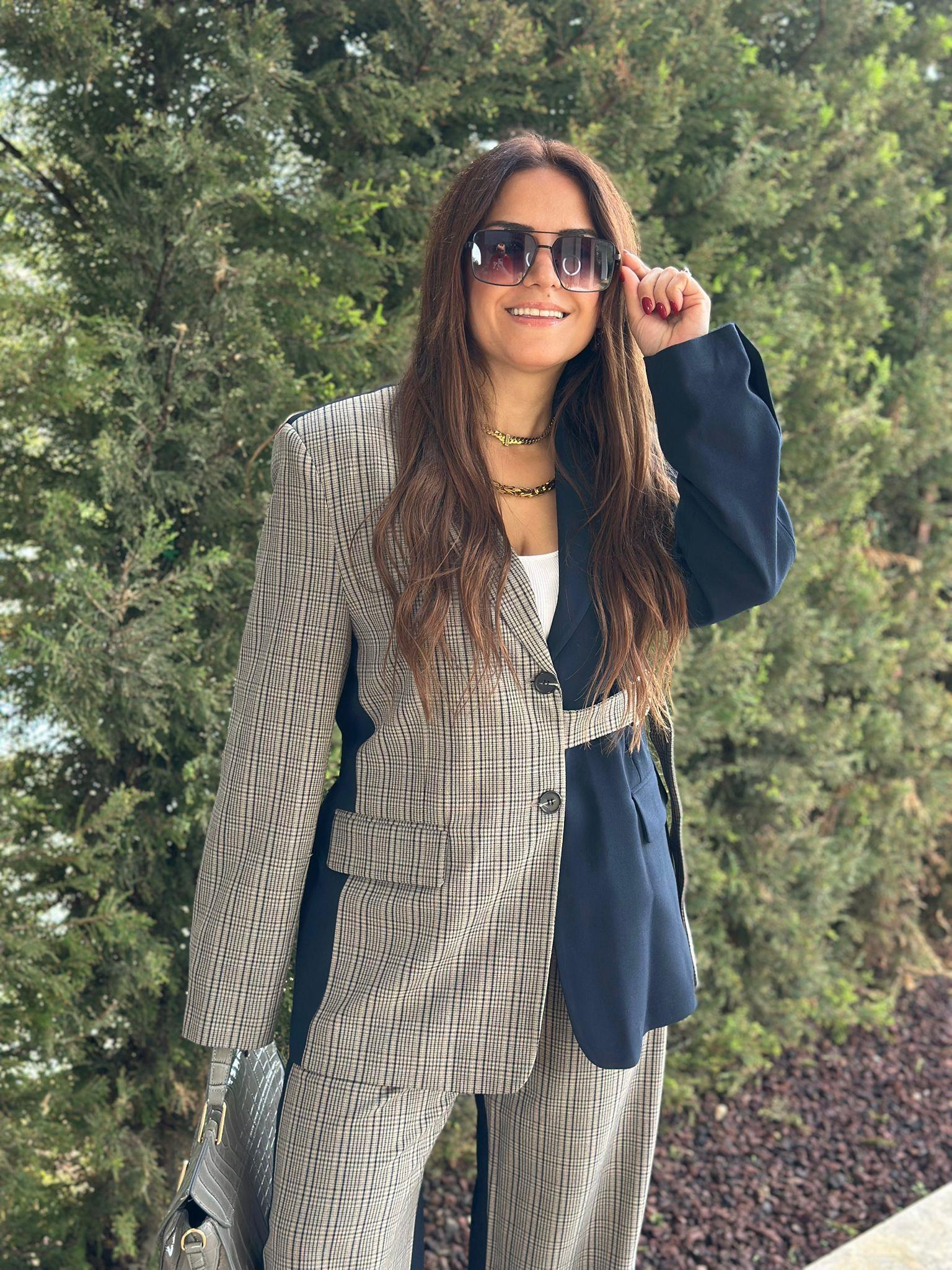 Öizgili Gri Lacivert Çizgili Blazer Ceket