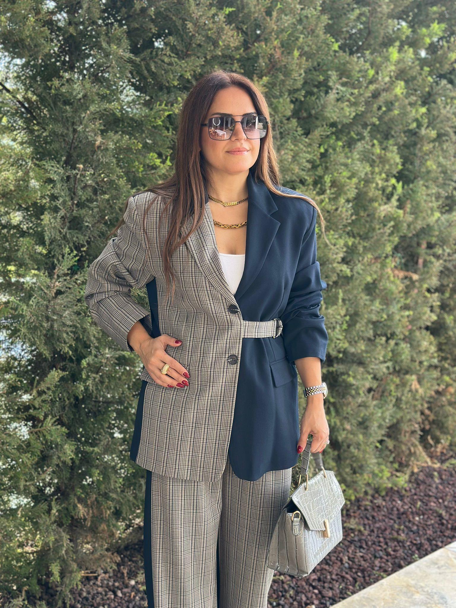 Öizgili Gri Lacivert Çizgili Blazer Ceket
