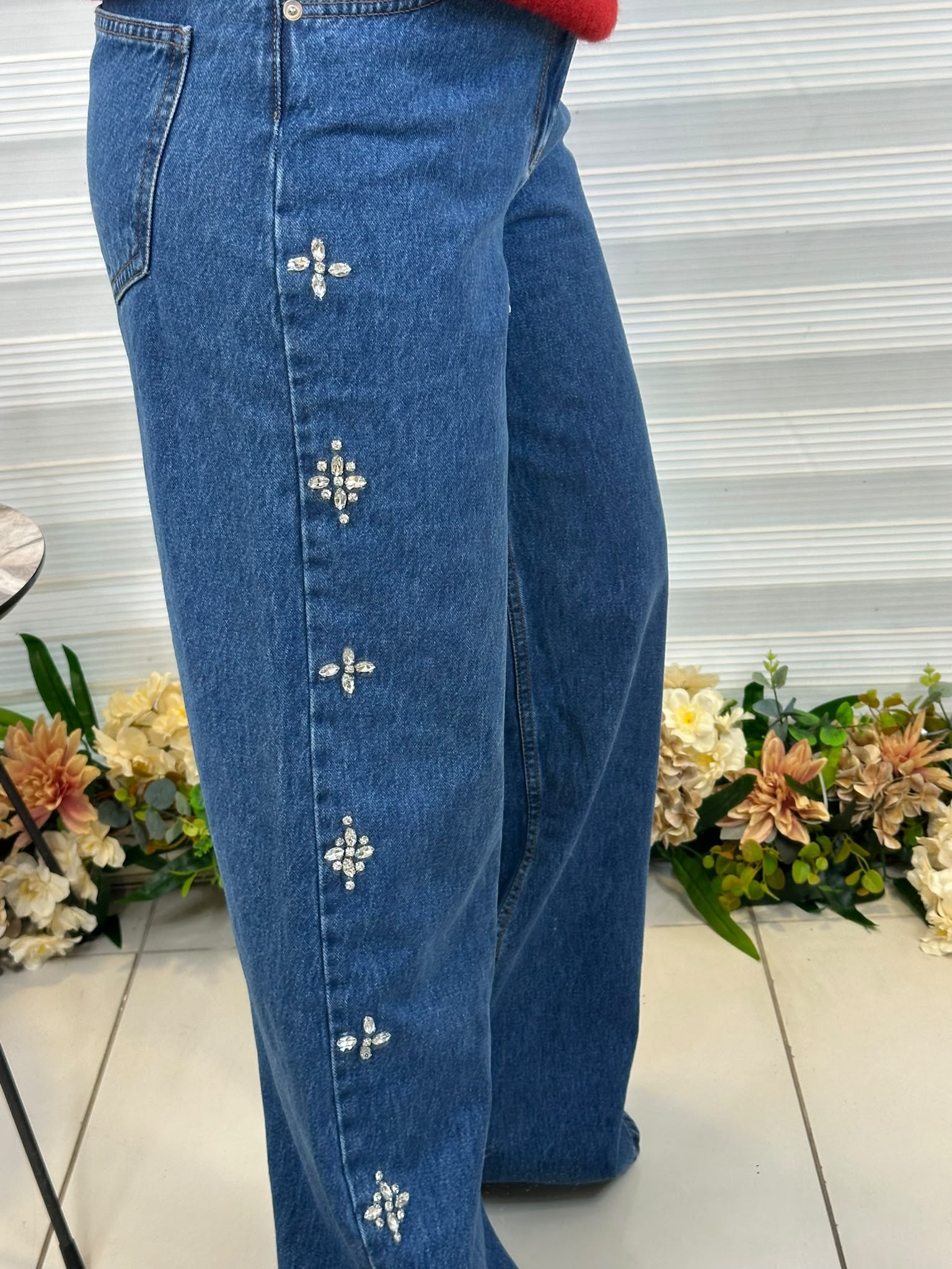 Önleri Çakıllı Mavi Jean Pantolon