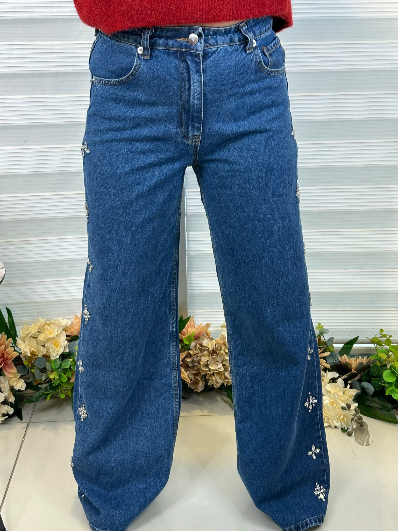 Önleri Çakıllı Mavi Jean Pantolon