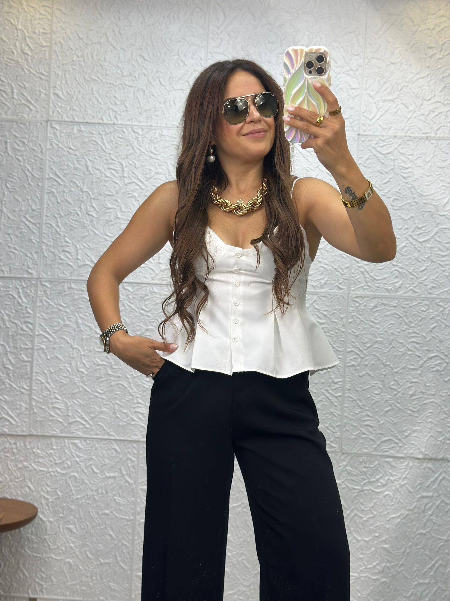 Önü Düğmeli Kumaş Beyaz Crop