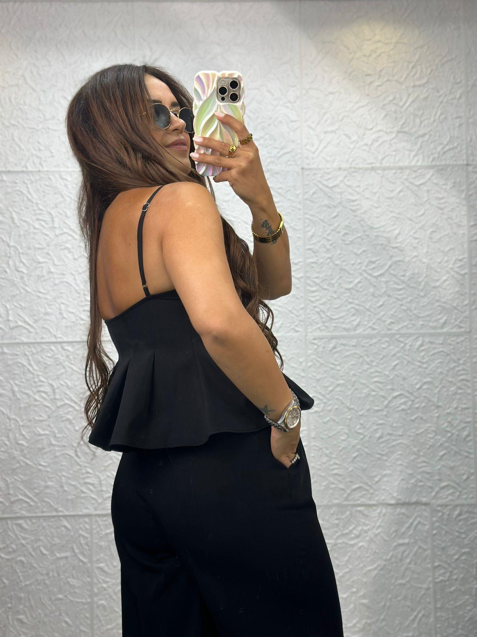 Önü Düğmeli Kumaş Siyah Crop