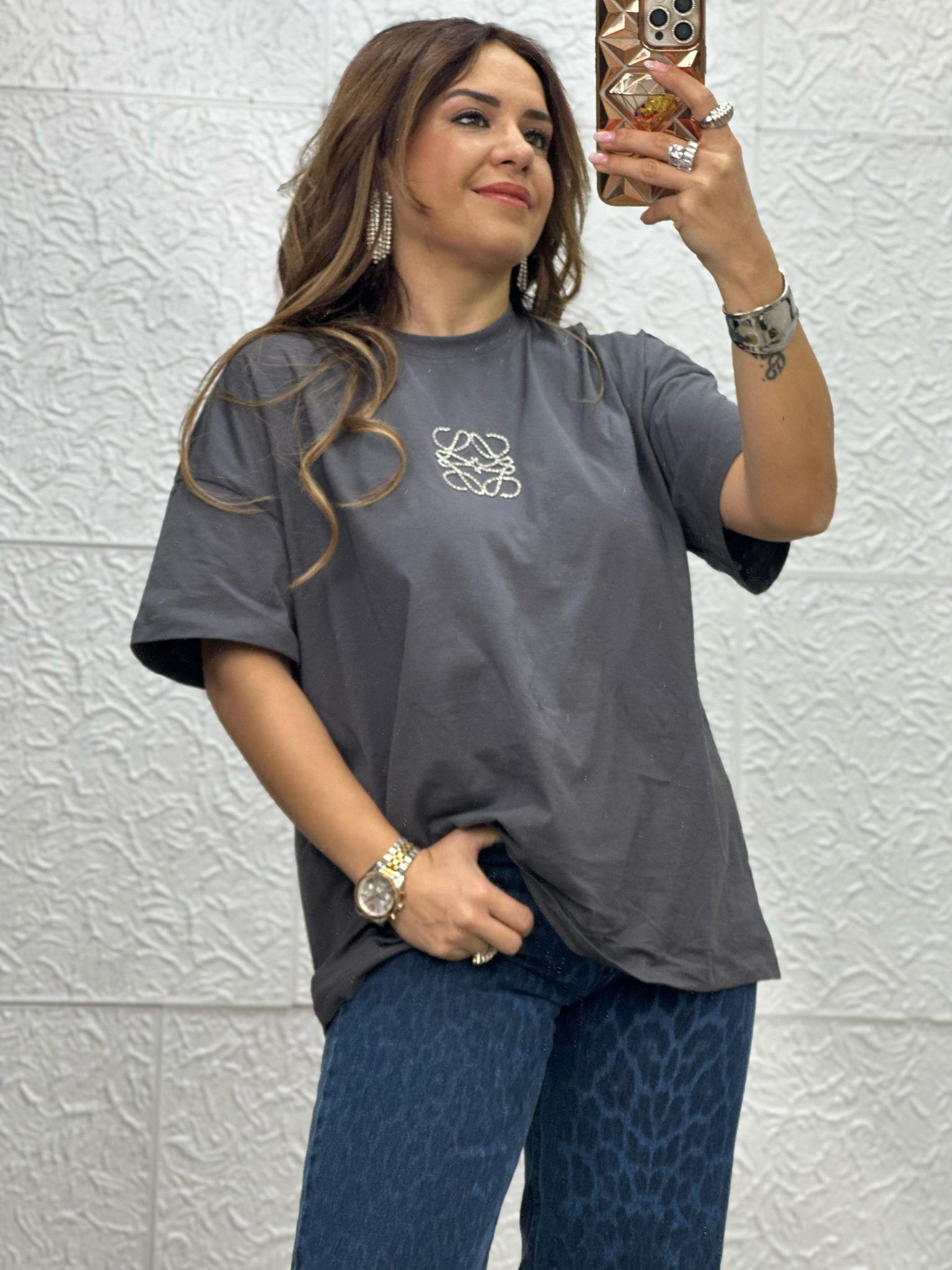 Önü Taşlı Gri Tshirt