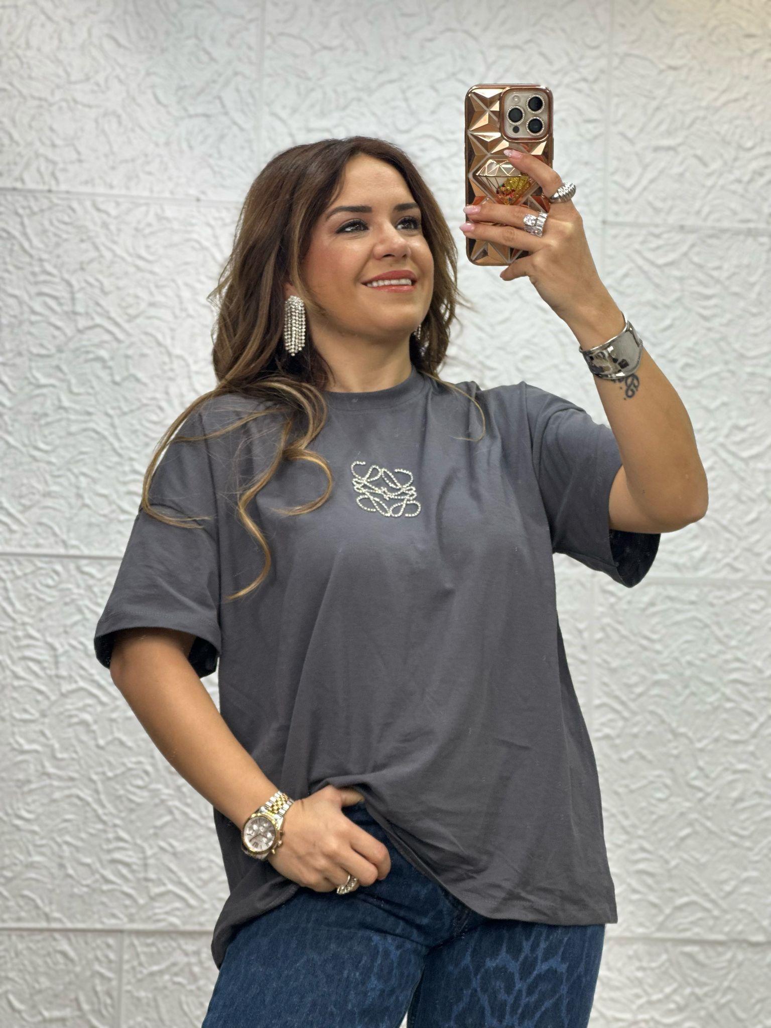 Önü Taşlı Gri Tshirt