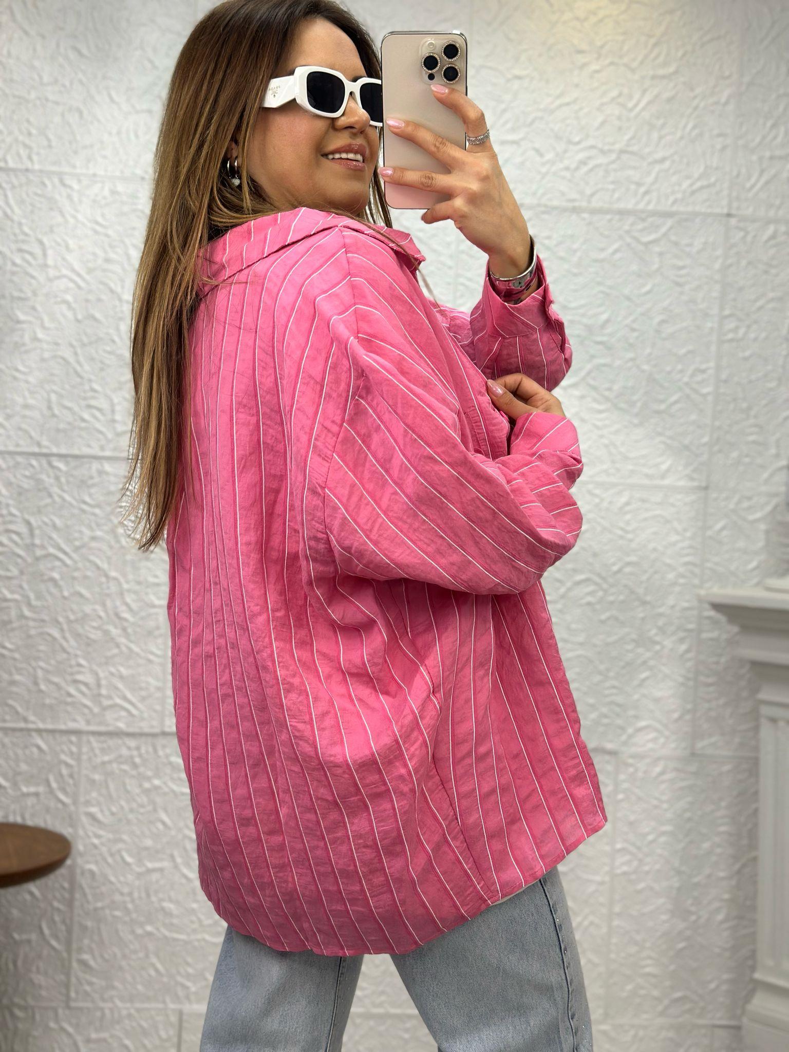 Pembe Çizgili Oversize Gömlek