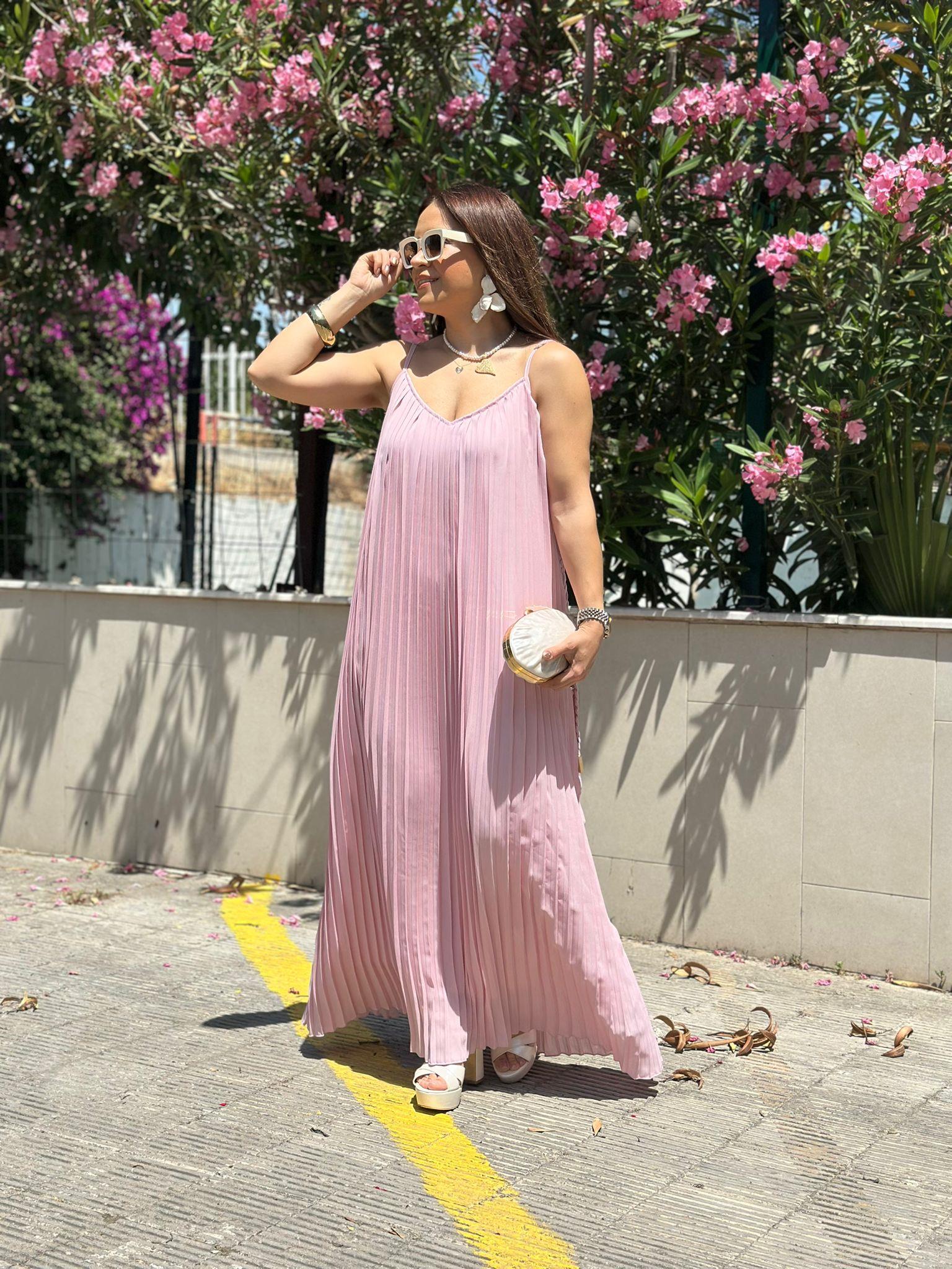 Pileli Uzun Askılı Pembe Elbise