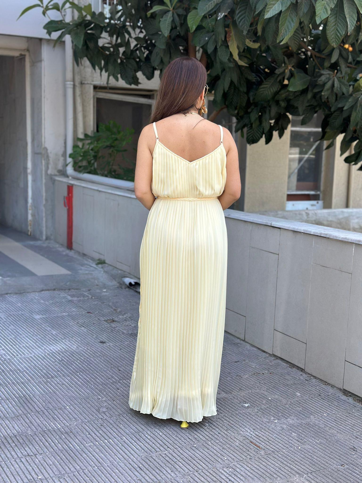 Pileli Uzun Askılı Sarı Elbise
