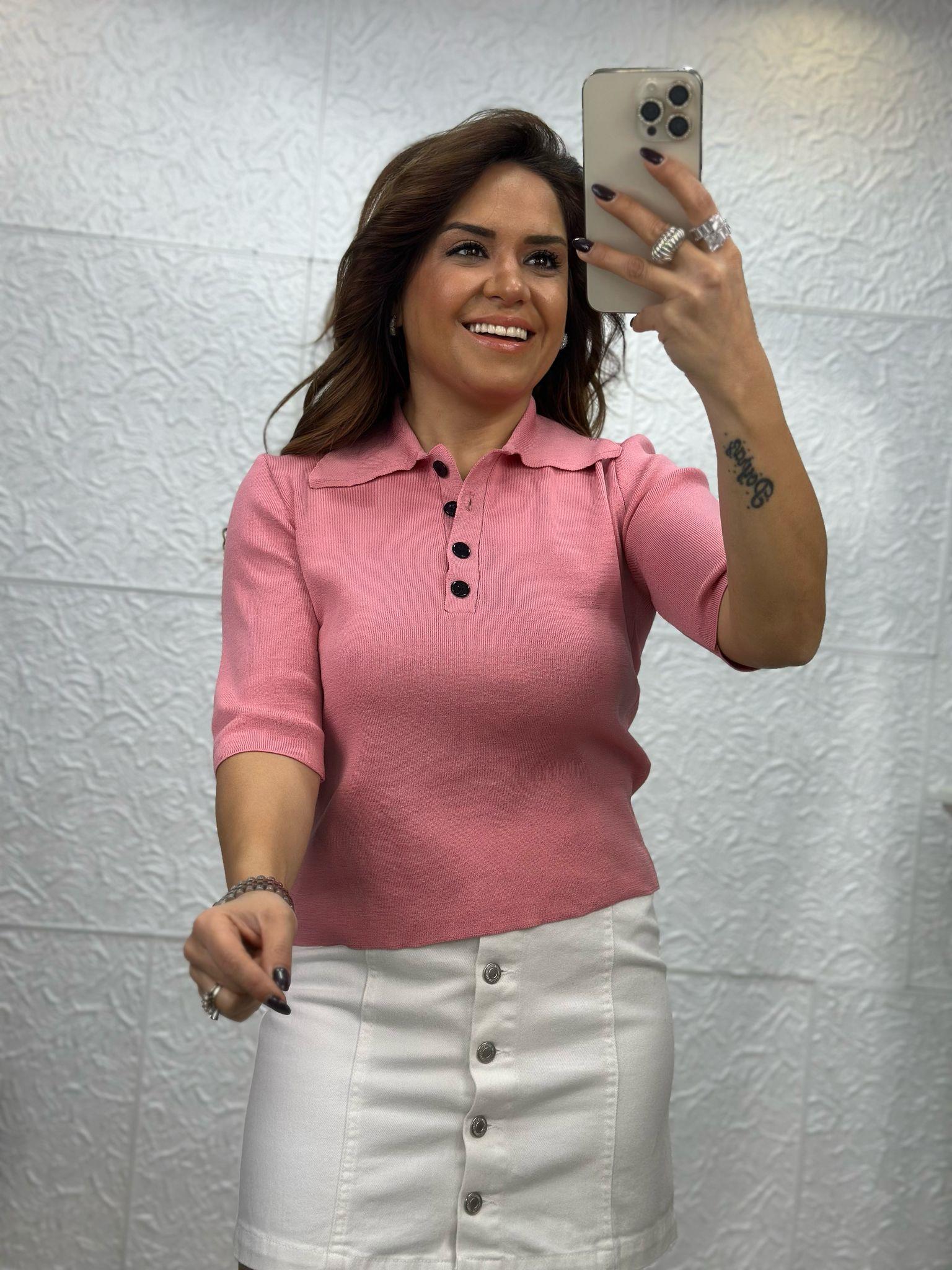 Polo Yaka Açık Pembe Triko Bluz