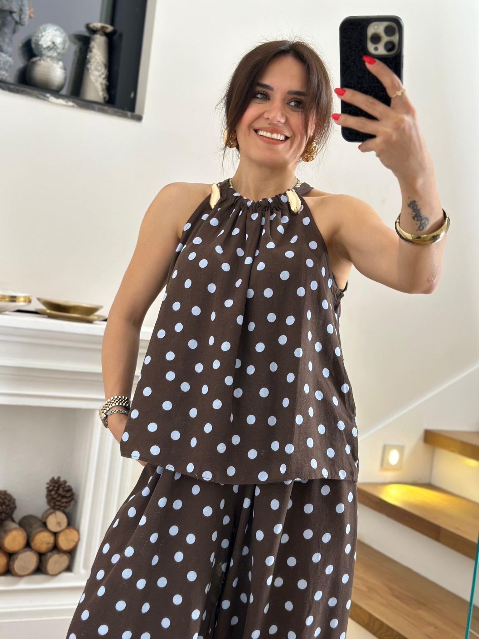 Puantiyeli Kahverengi Şalvar Takım