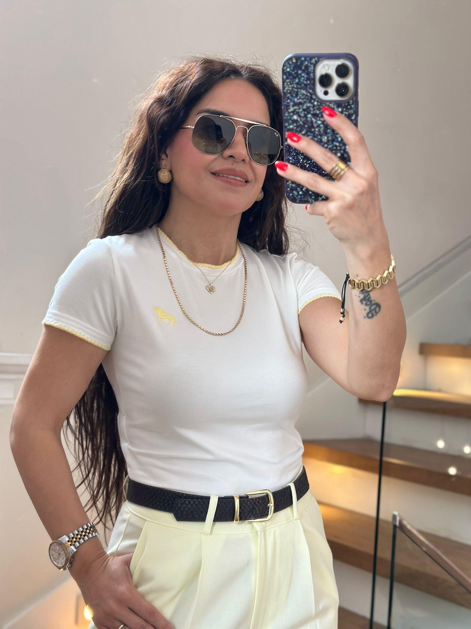 Sarı Beyaz Crop Bluz