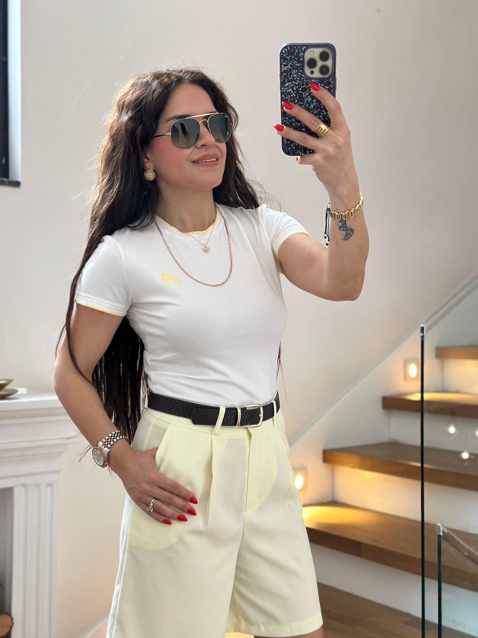 Sarı Beyaz Crop Bluz