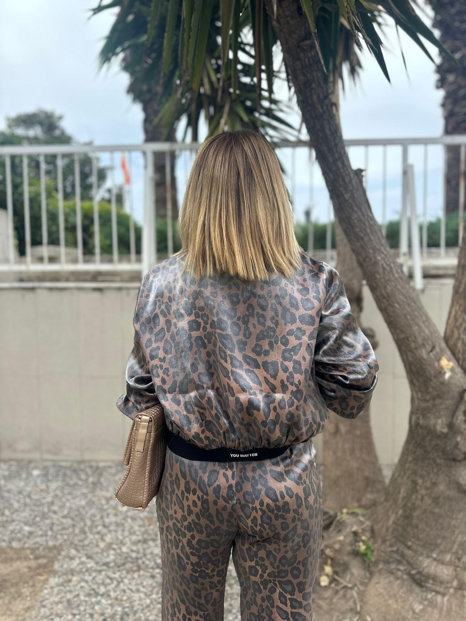 Saten Kahverengi Leopar Desenli Ceket